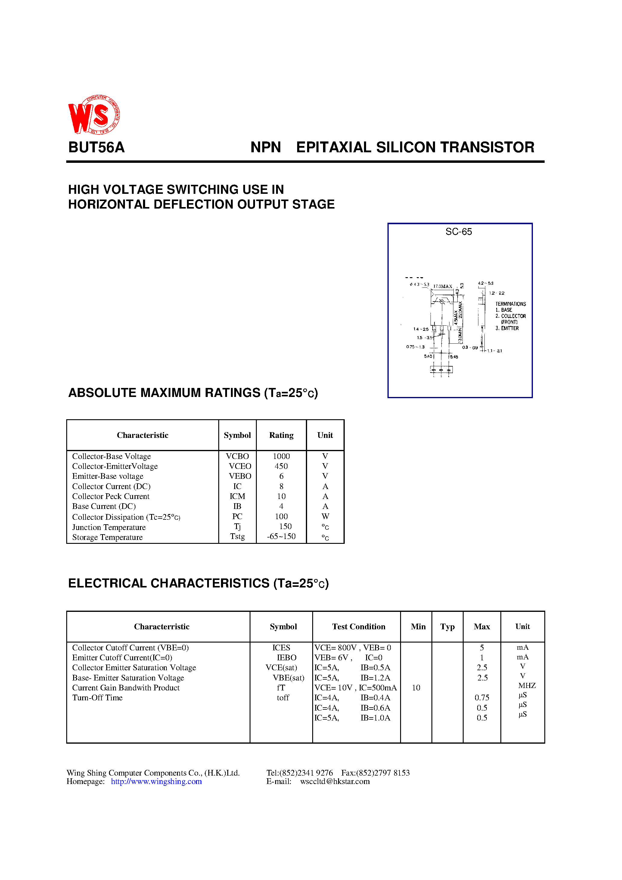 Datasheet BUT56A - NPN EPITAXIAL SILICON TRANSISTOR(HIGH VOLTAGE SWITCHING USE IN HORIZONTAL DEFLECTION OUTPUT STAGE) page 1