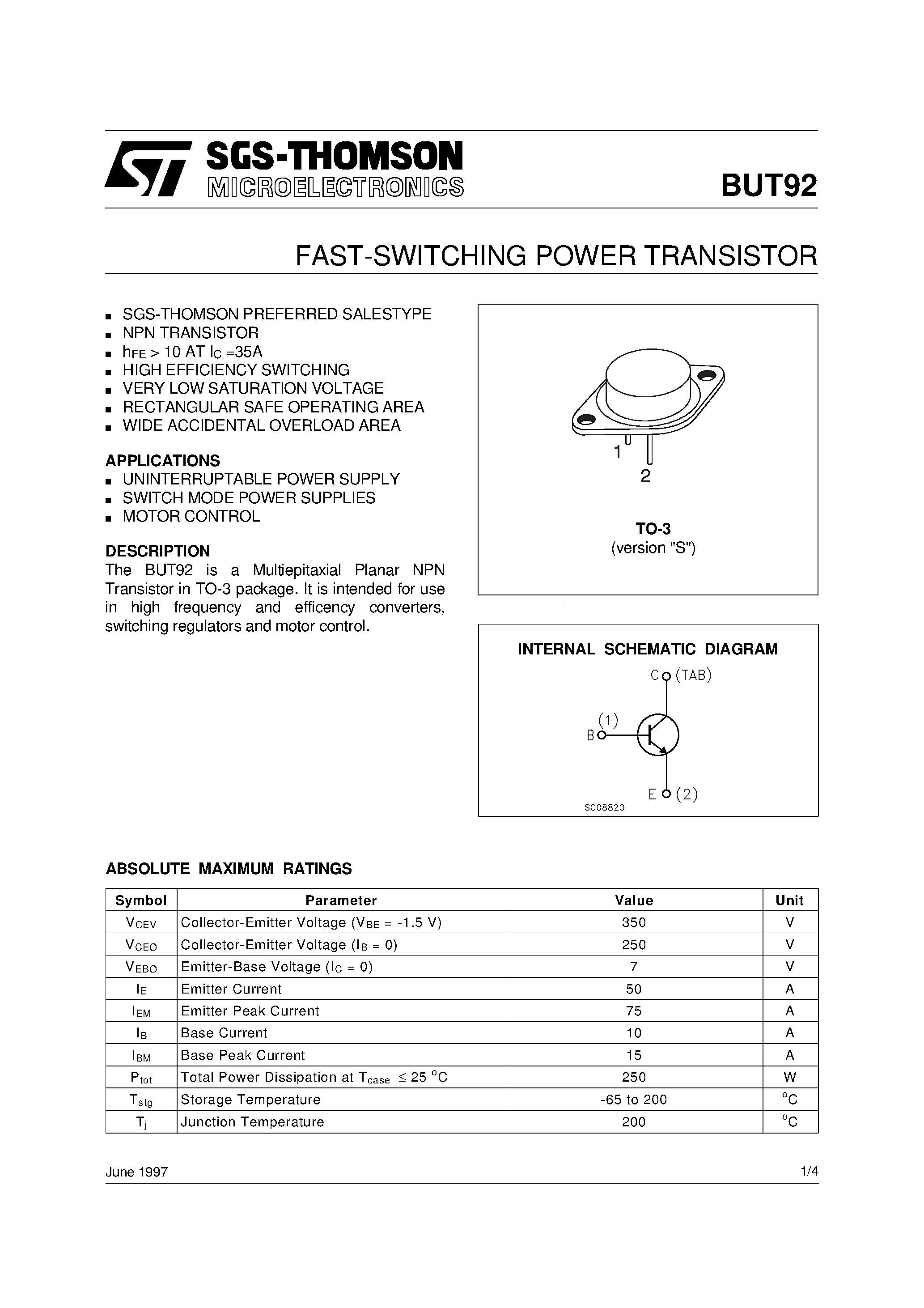 Даташит на микросхему BUT92 страница 1 Даташит BUT92 - FAST-SWITCHING POWER TRANSISTOR страница 1