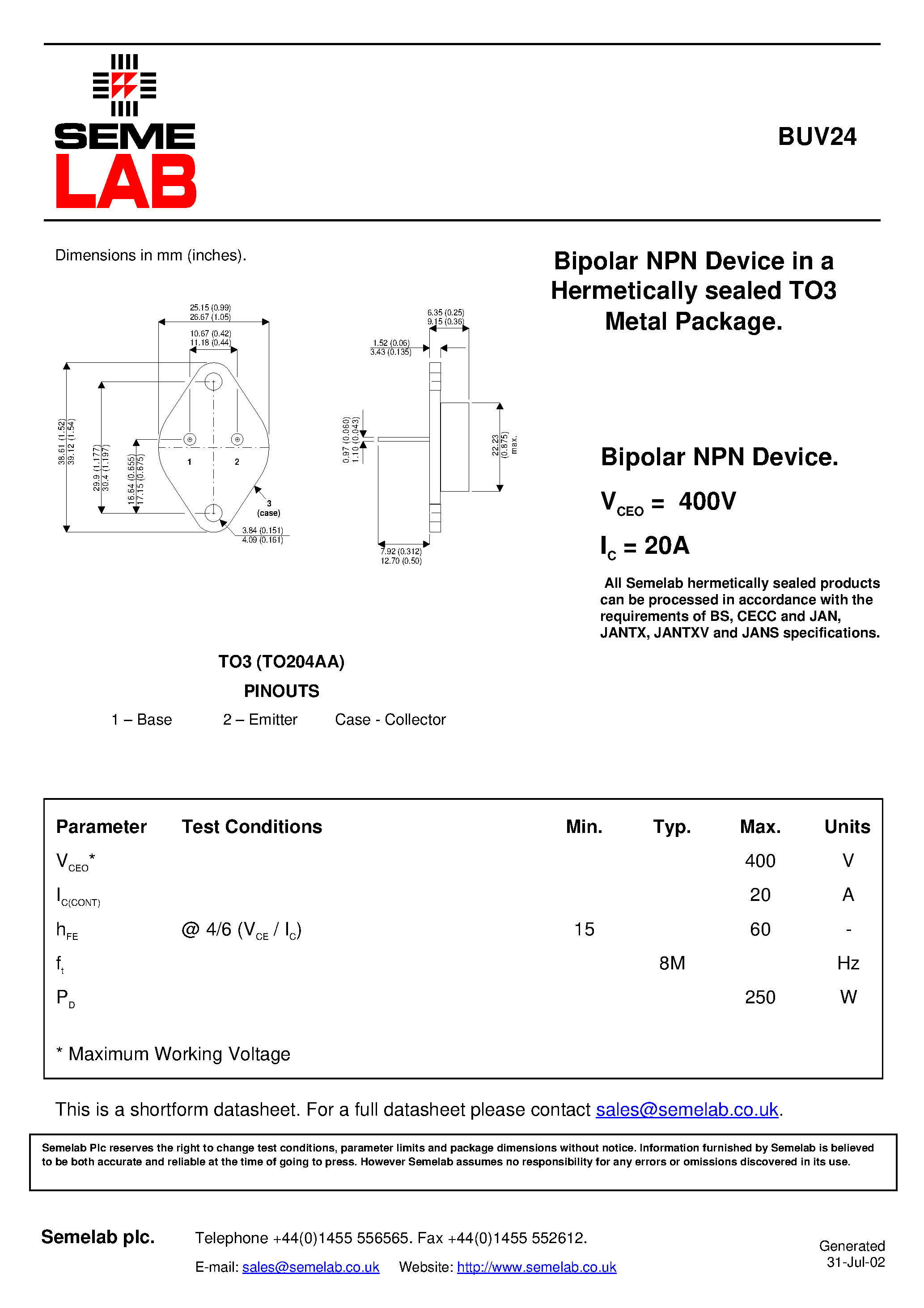 Datasheet BUV24 - Bipolar NPN Device in a Hermetically sealed TO3 Metal Package page 1