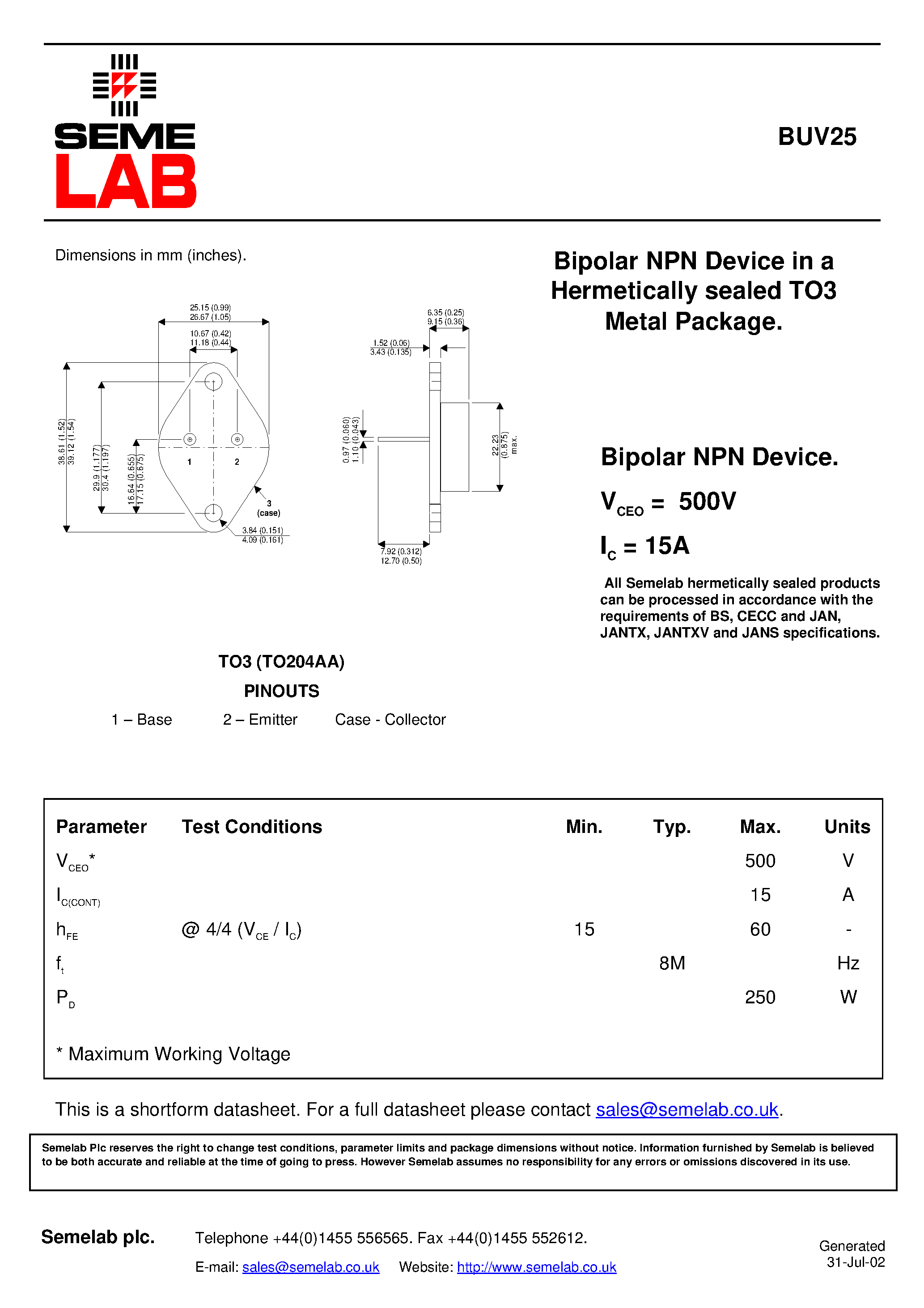 Datasheet BUV25 - Bipolar NPN Device in a Hermetically sealed TO3 Metal Package page 1