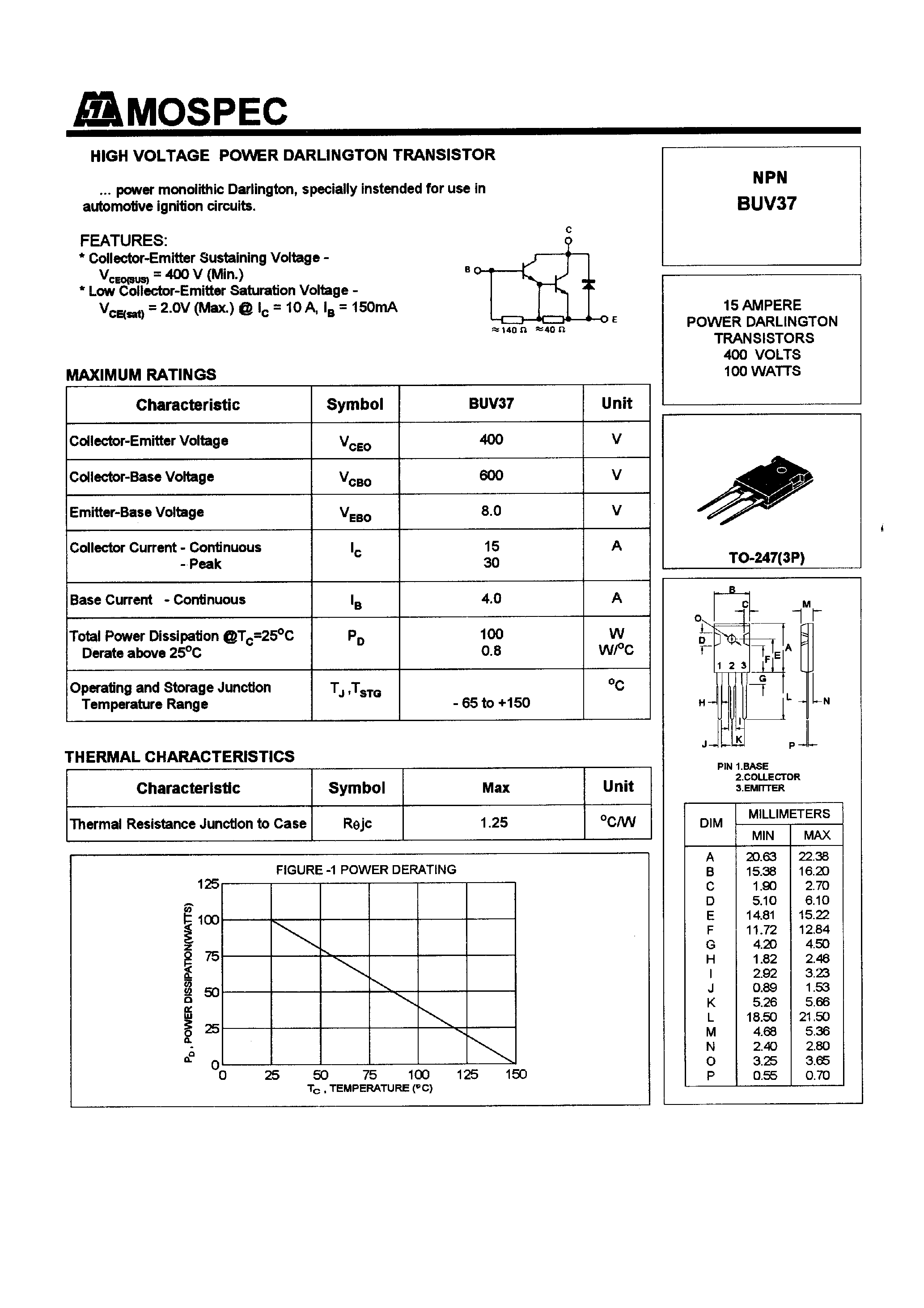 Даташит BUV37 - POWER TRANSISTORS(15A/400V/100W) страница 1
