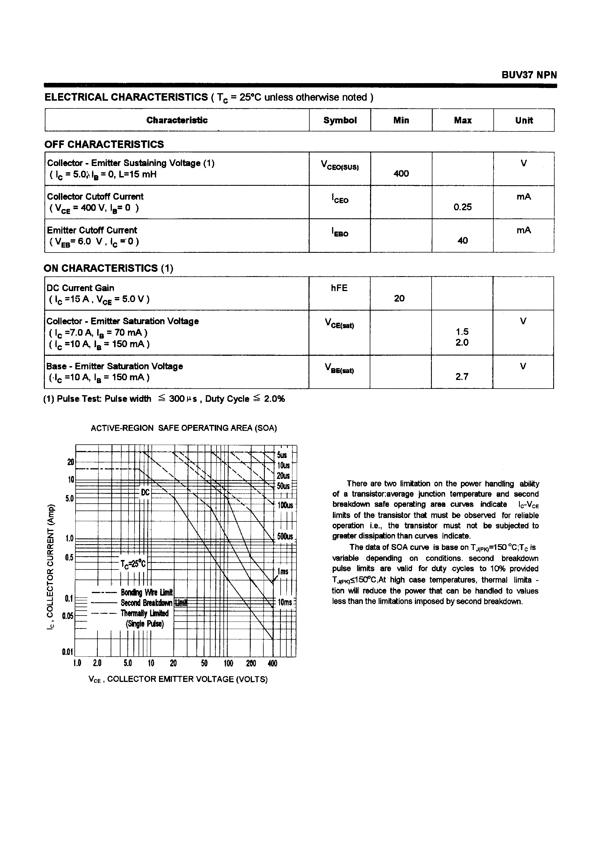 Даташит BUV37 - POWER TRANSISTORS(15A/400V/100W) страница 2