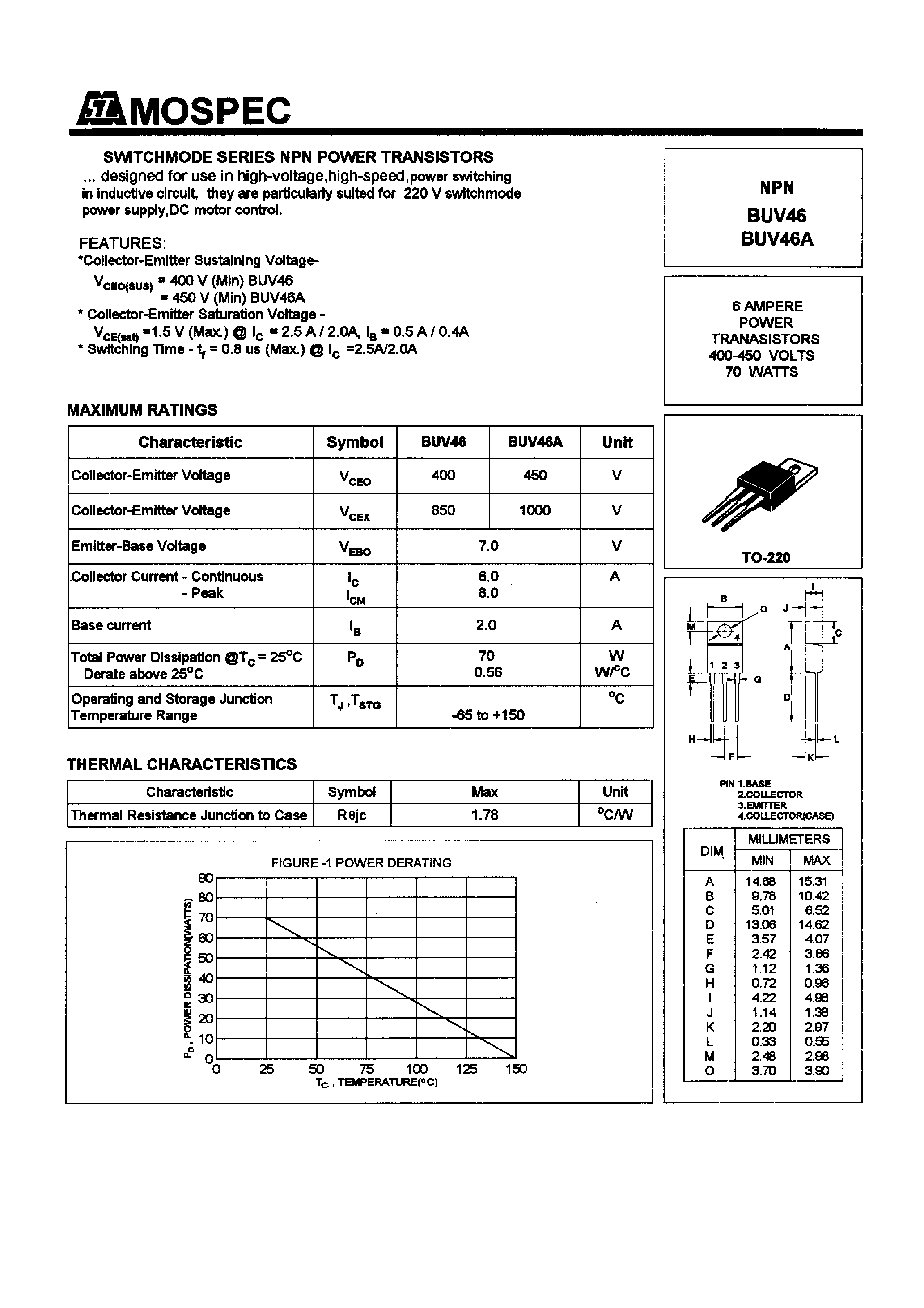 Даташит BUV46 - POWER TRANSISTORS(6A/400-450V/70W) страница 1