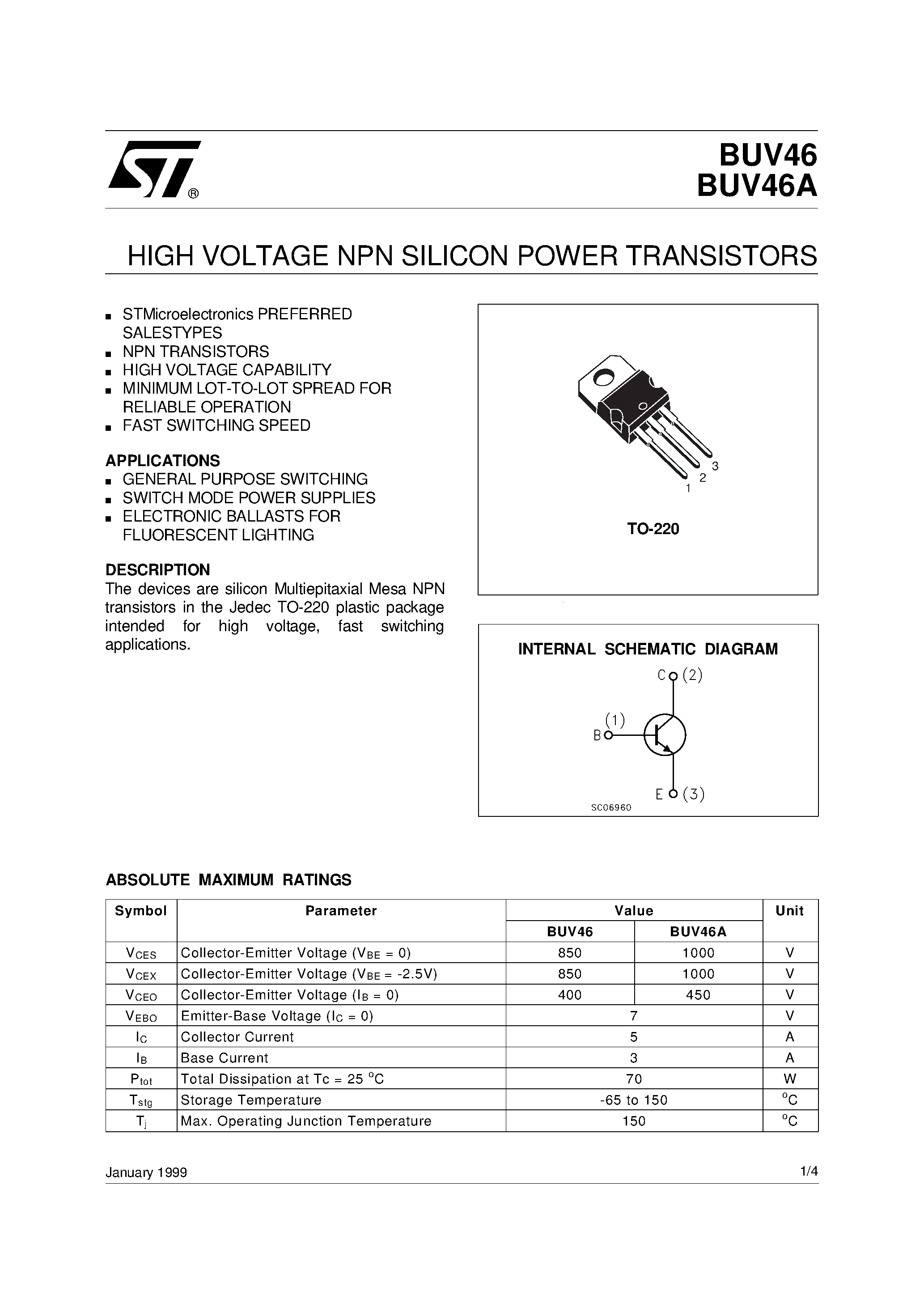 Даташит BUV46A - HIGH VOLTAGE NPN SILICON POWER TRANSISTORS страница 1