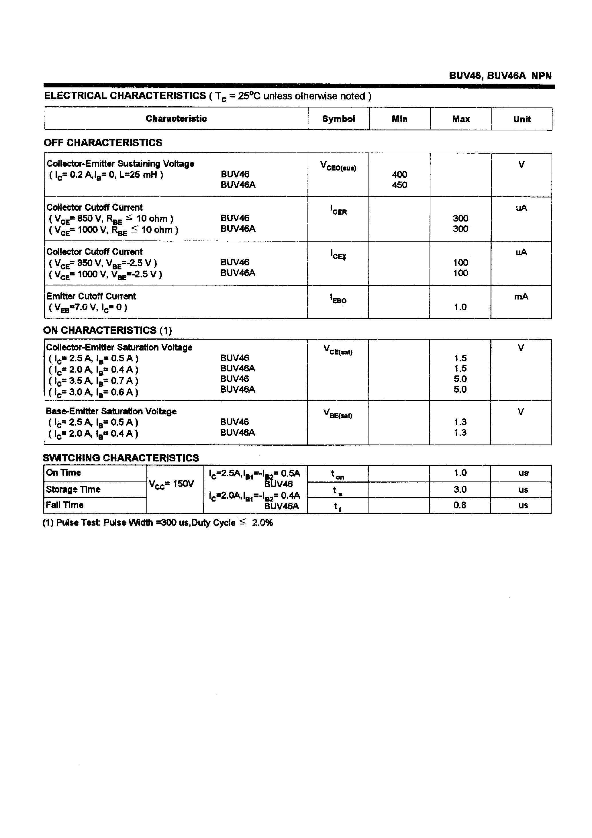 Даташит BUV46A - POWER TRANSISTORS(6A/400-450V/70W) страница 2
