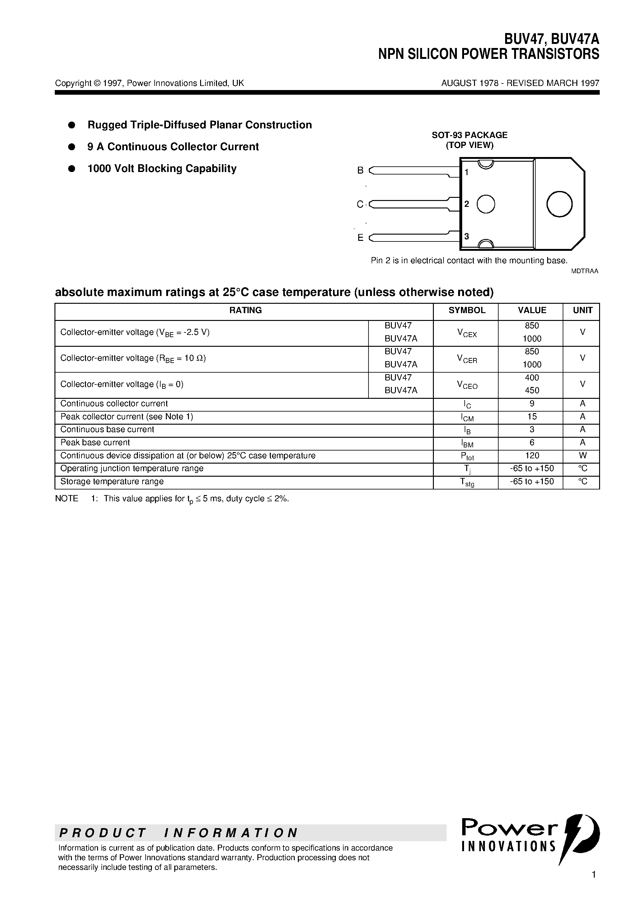 Даташит BUV47A - NPN SILICON POWER TRANSISTORS страница 1