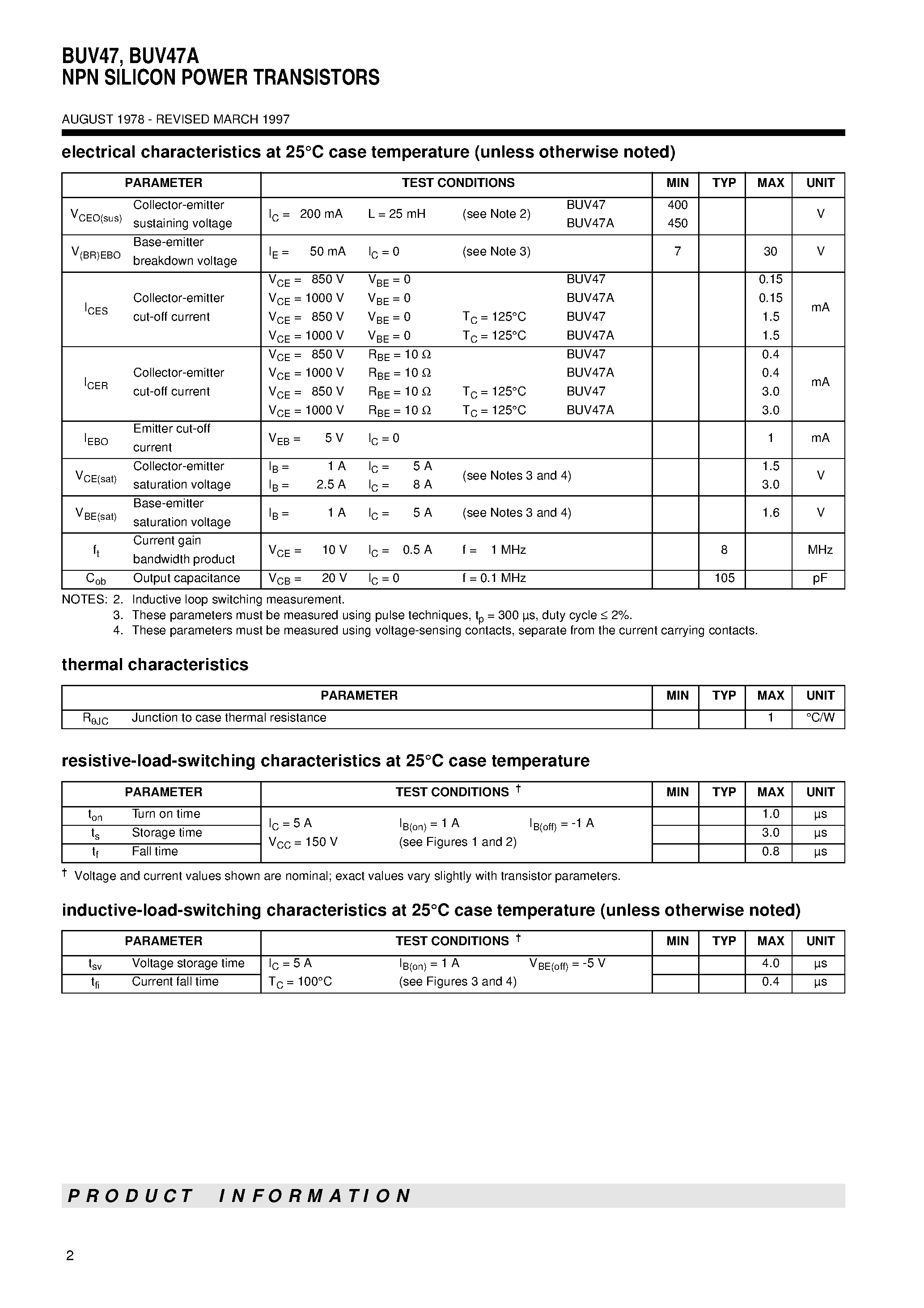 Даташит BUV47A - NPN SILICON POWER TRANSISTORS страница 2