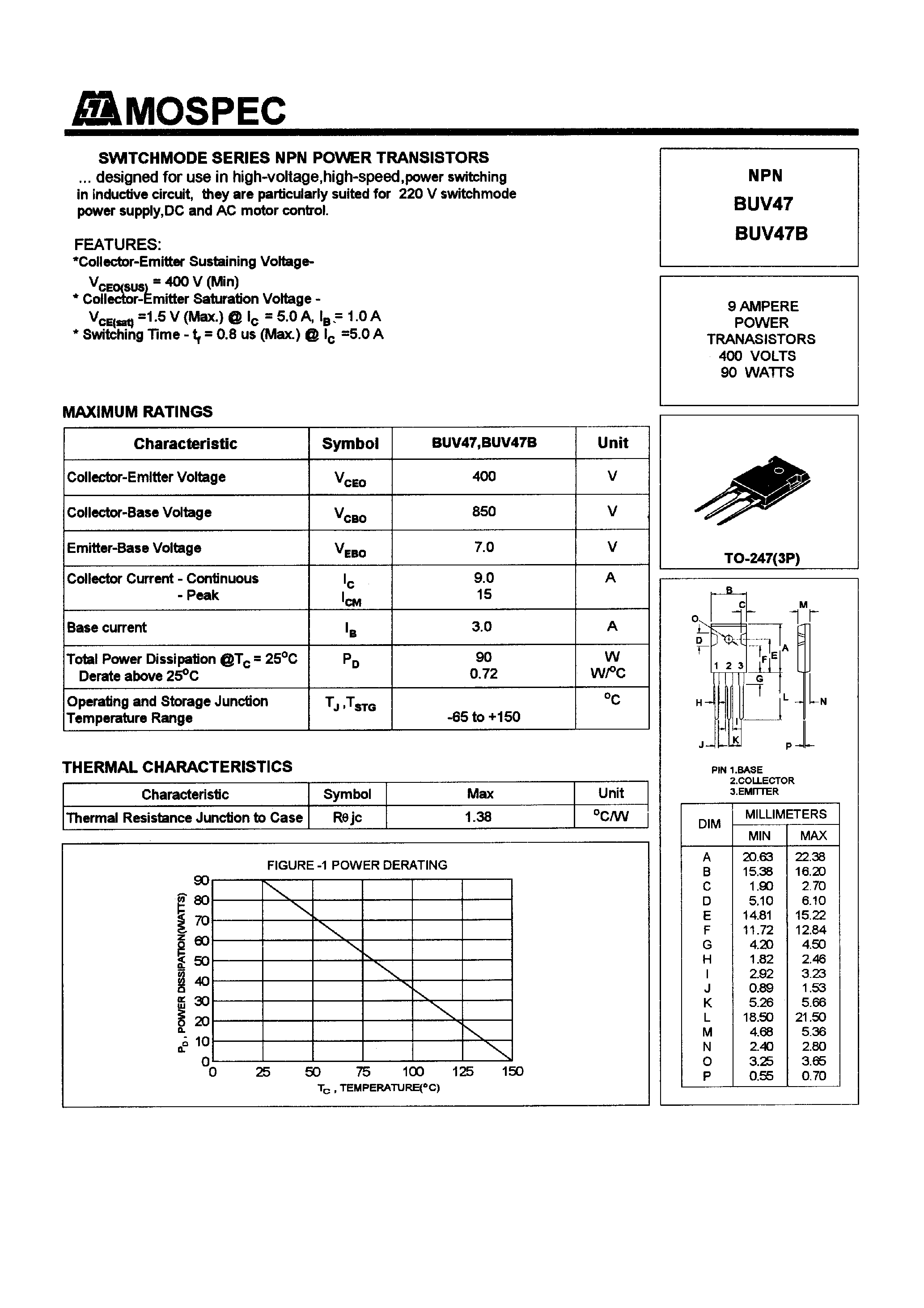 Даташит BUV47B - POWER TRANSISTORS(9A/400V/90W) страница 1
