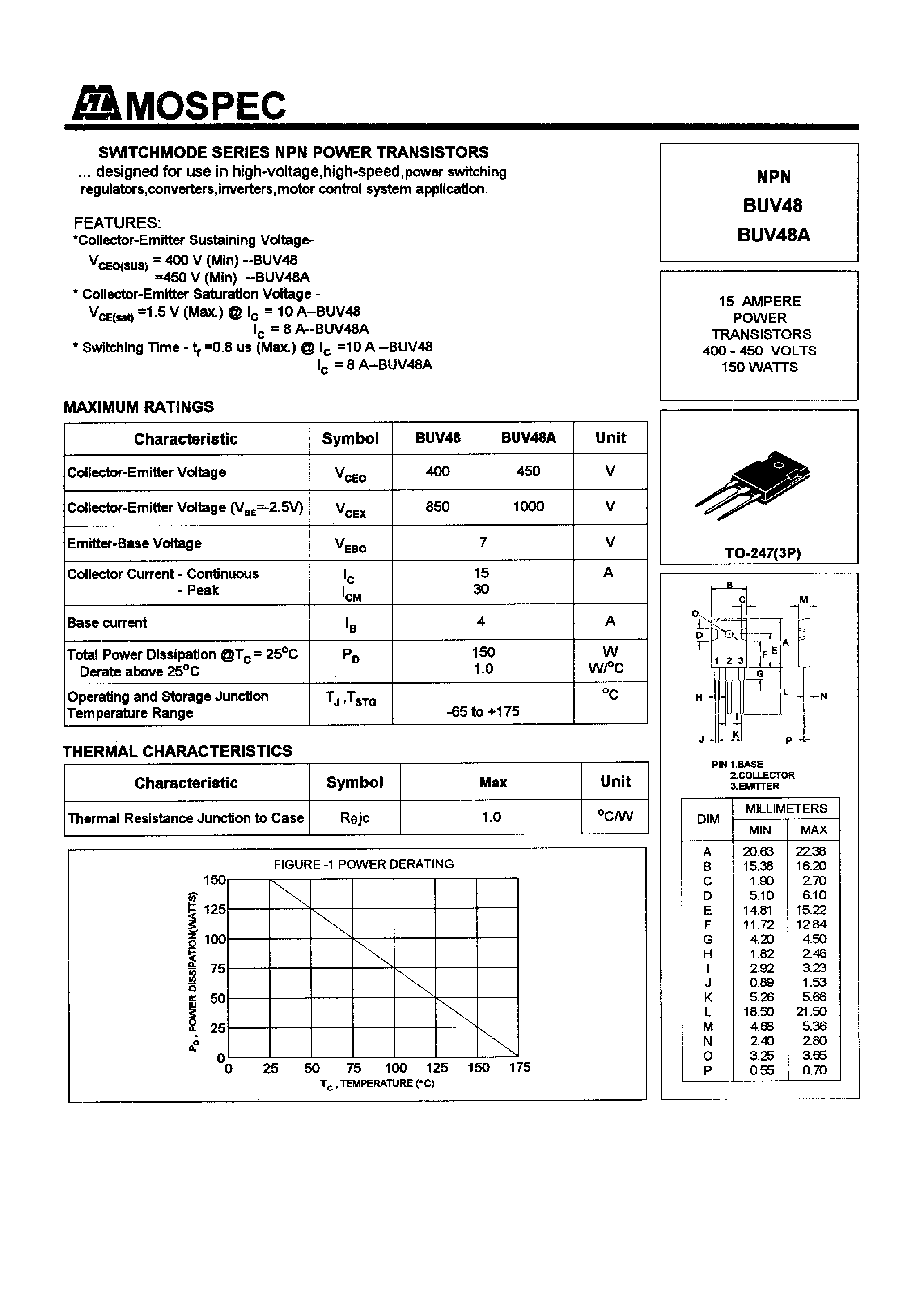 Даташит BUV48 - POWER TRANSISTORS(15A/400-450V/150W) страница 1
