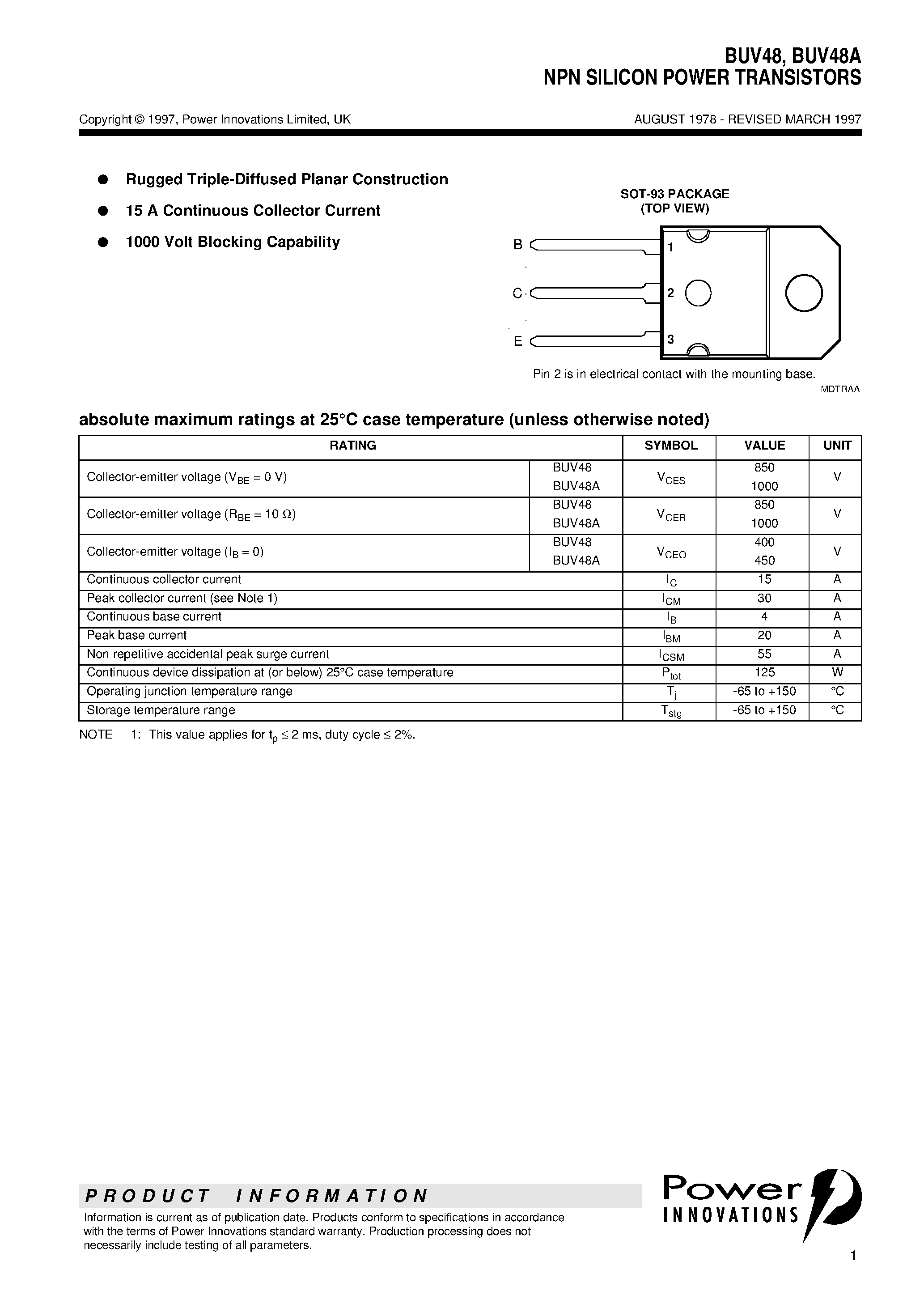 Даташит BUV48 - NPN SILICON POWER TRANSISTORS страница 1
