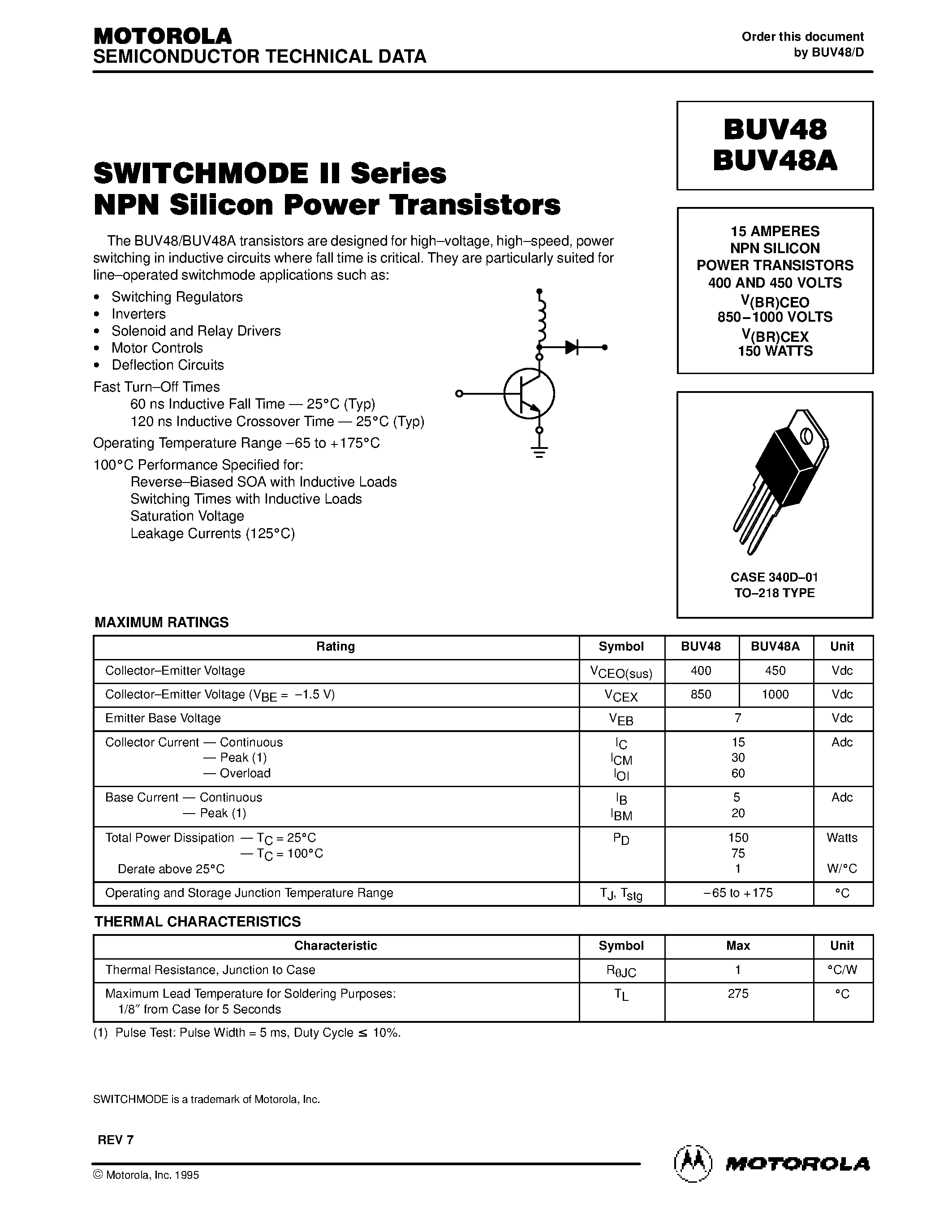 Даташит BUV48A - SWITCHMODE II Series NPN Silicon Power Transistors страница 1