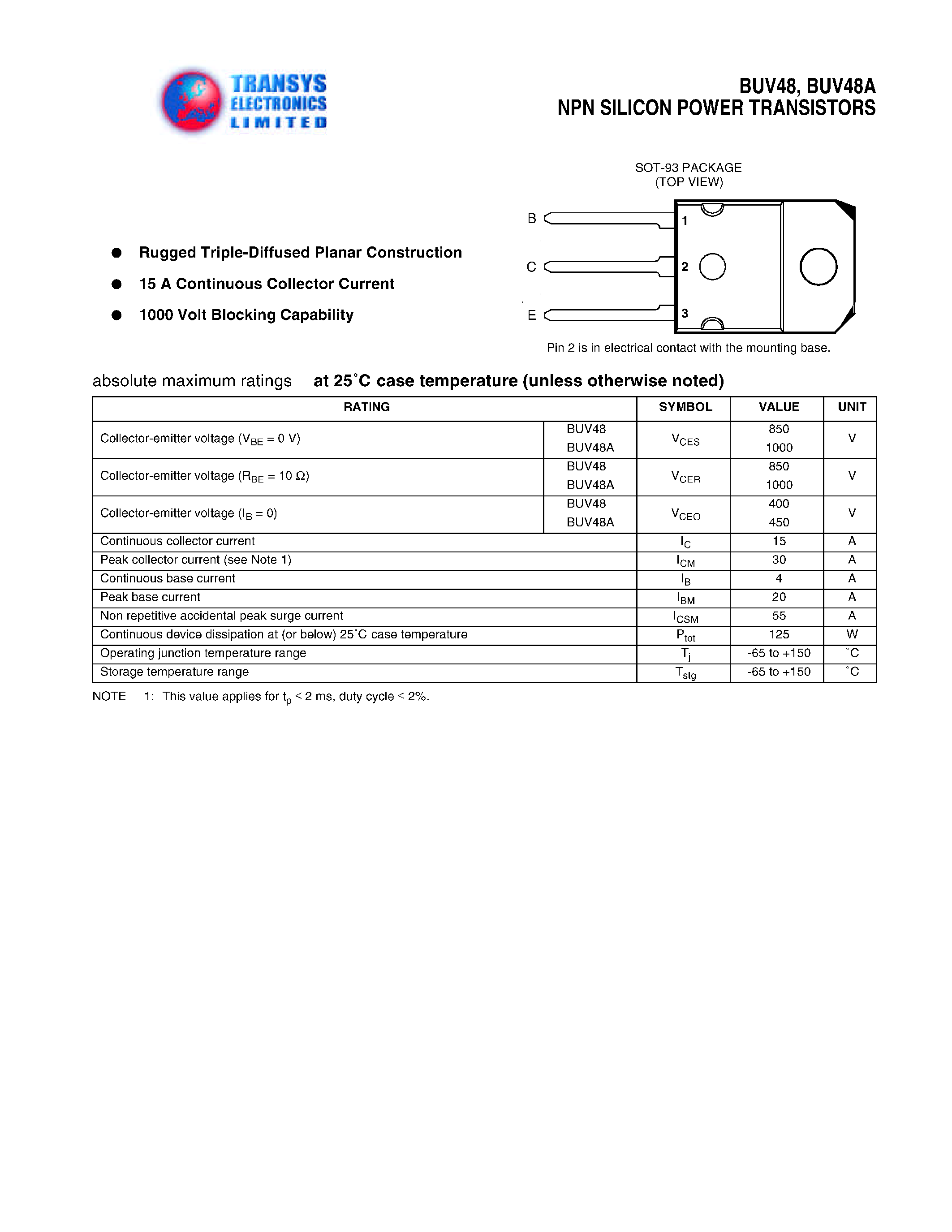 Даташит BUV48A - NPN SILICON POWER TRANSISTORS страница 1