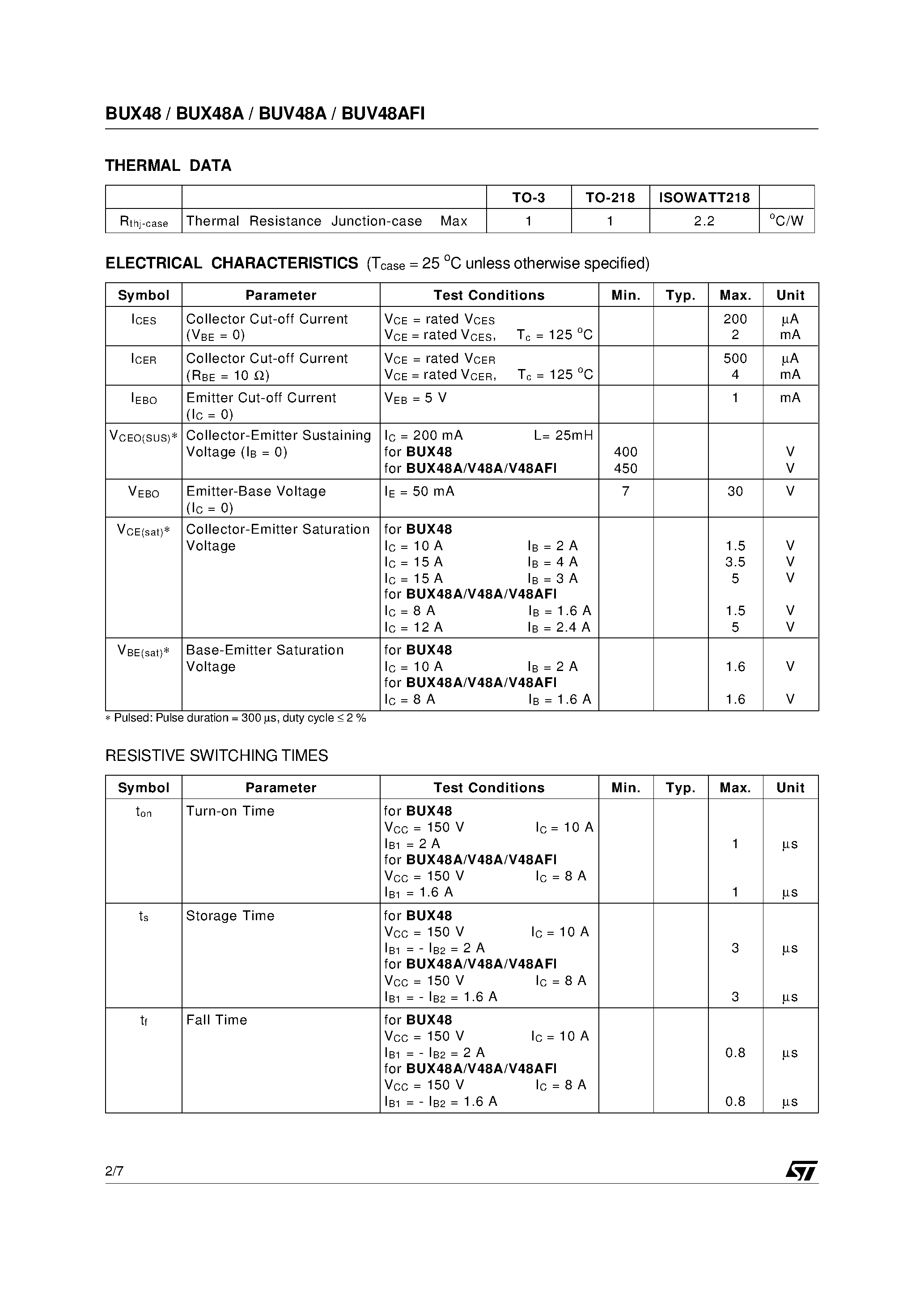 Даташит BUV48AFI - HIGH POWER NPN SILICON TRANSISTORS страница 2
