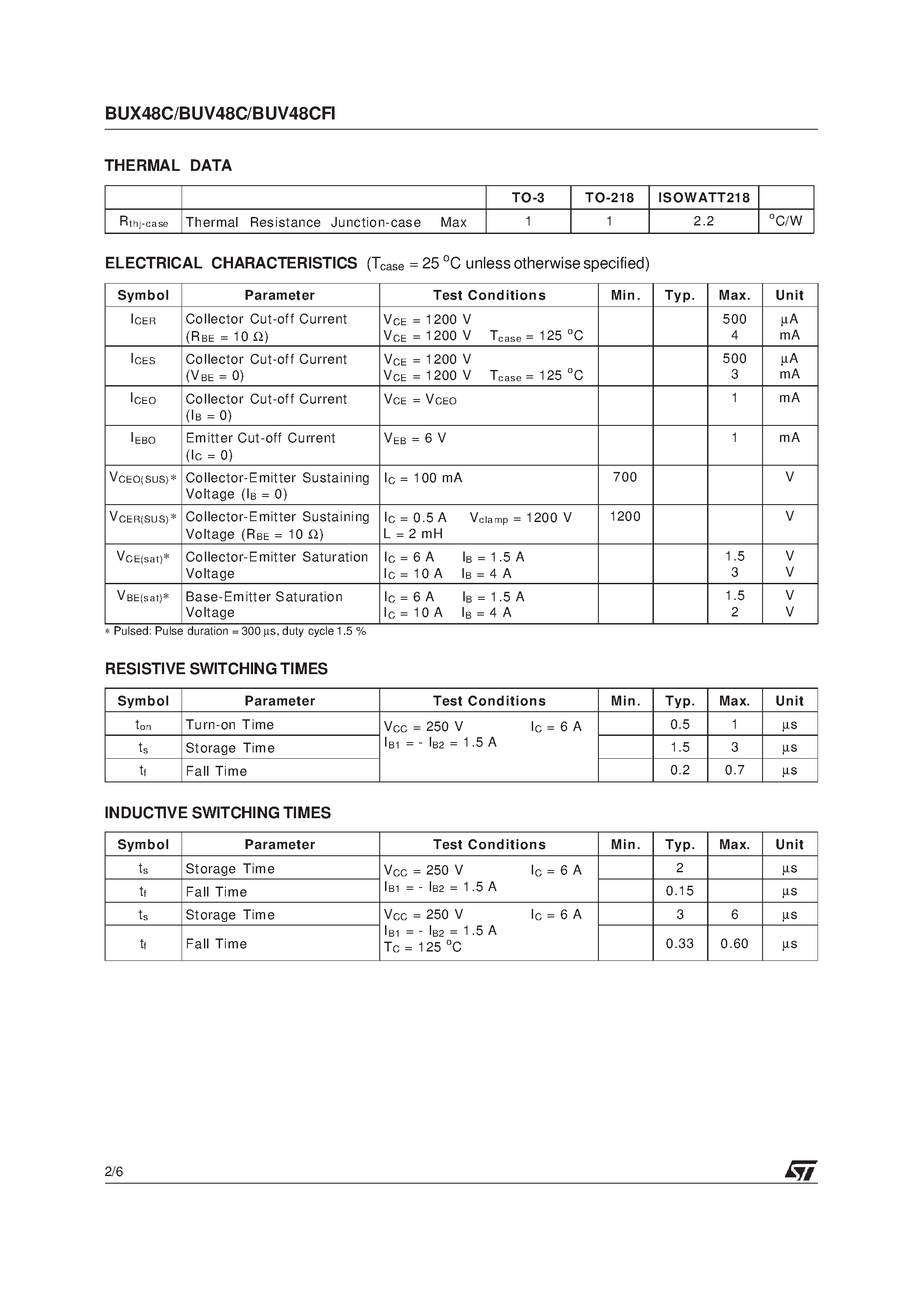 Даташит BUV48CFI - HIGH VOLTAGE FAST-SWITCHING NPN POWER TRANSISTORS страница 2