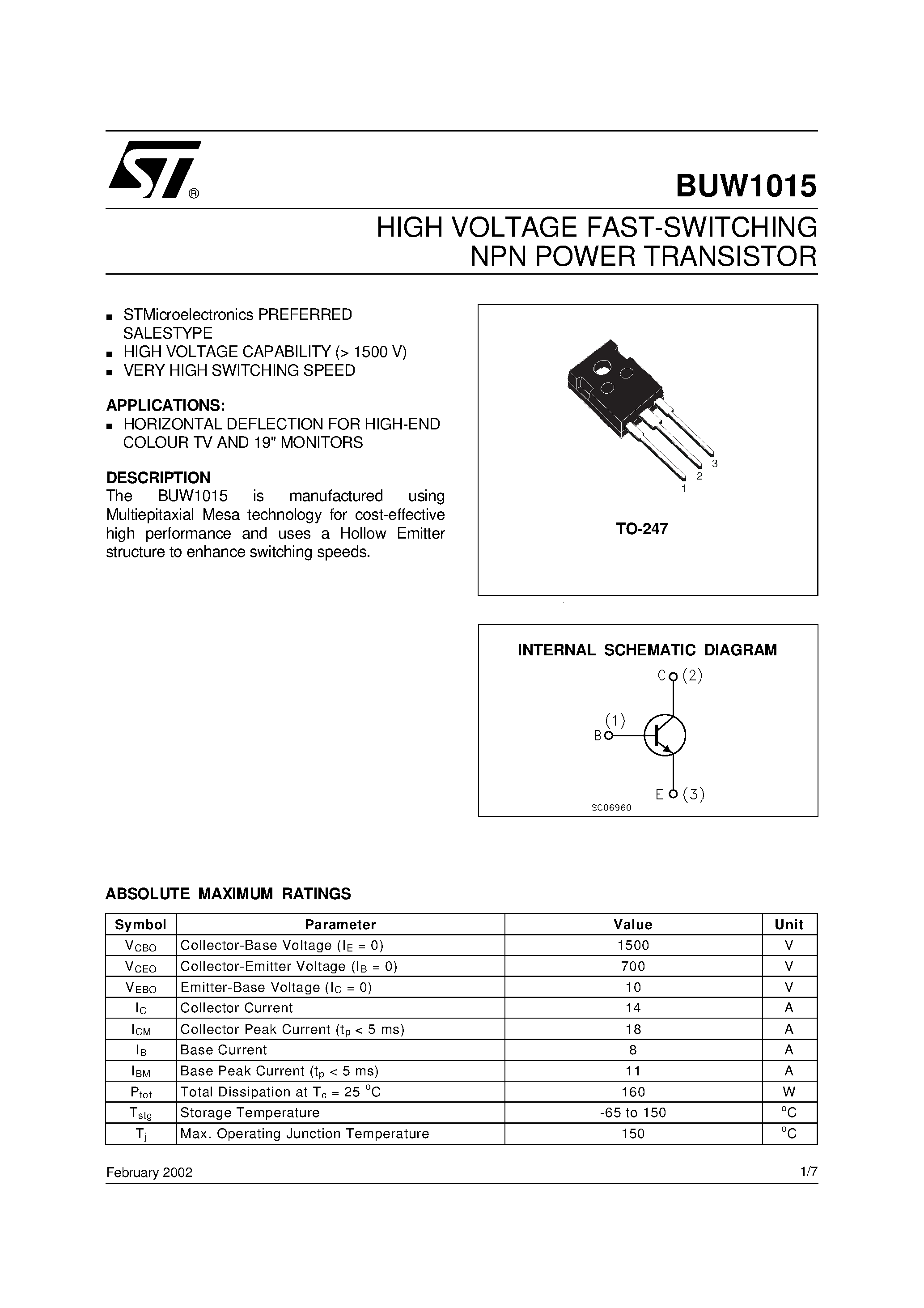 Даташит на микросхему BUW1015 страница 1 Даташит BUW1015 - HIGH VOLTAGE FAST-SWITCHING NPN POWER TRANSISTOR страница 1