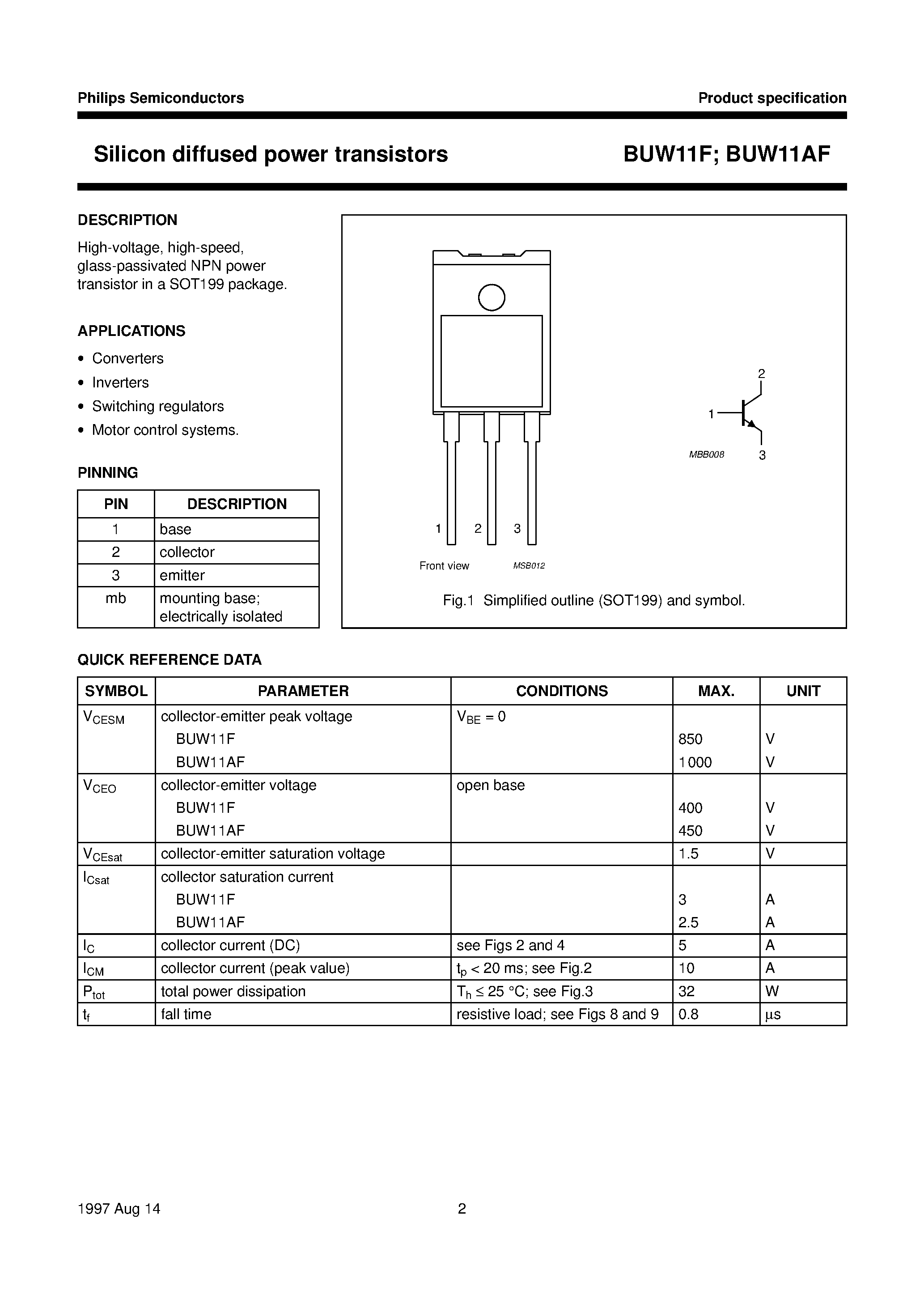 Даташит BUW11F - Silicon diffused power transistors страница 2