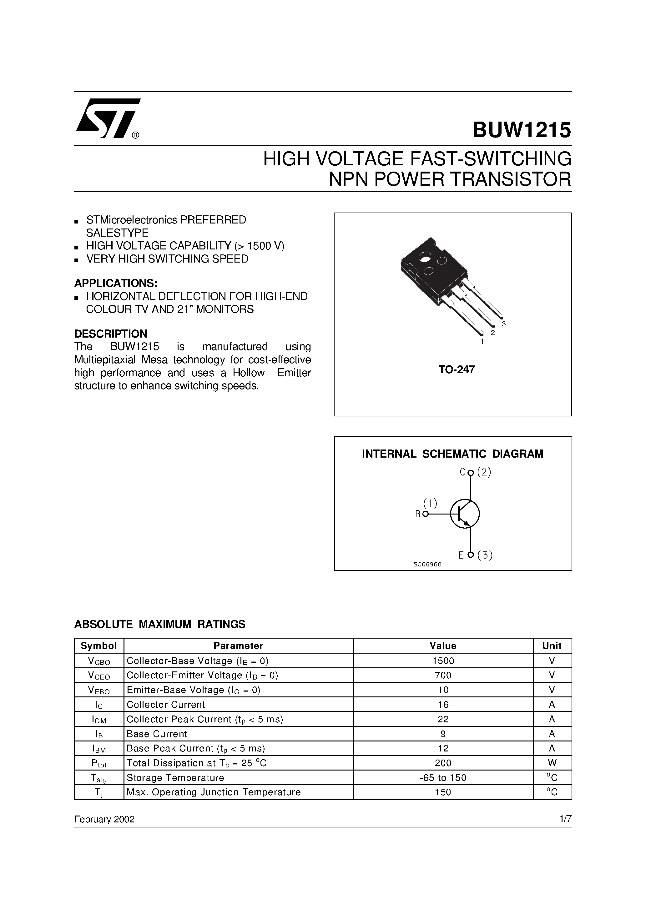 Даташит на микросхему BUW1215 страница 1 Даташит BUW1215 - HIGH VOLTAGE FAST-SWITCHING NPN POWER TRANSISTOR страница 1