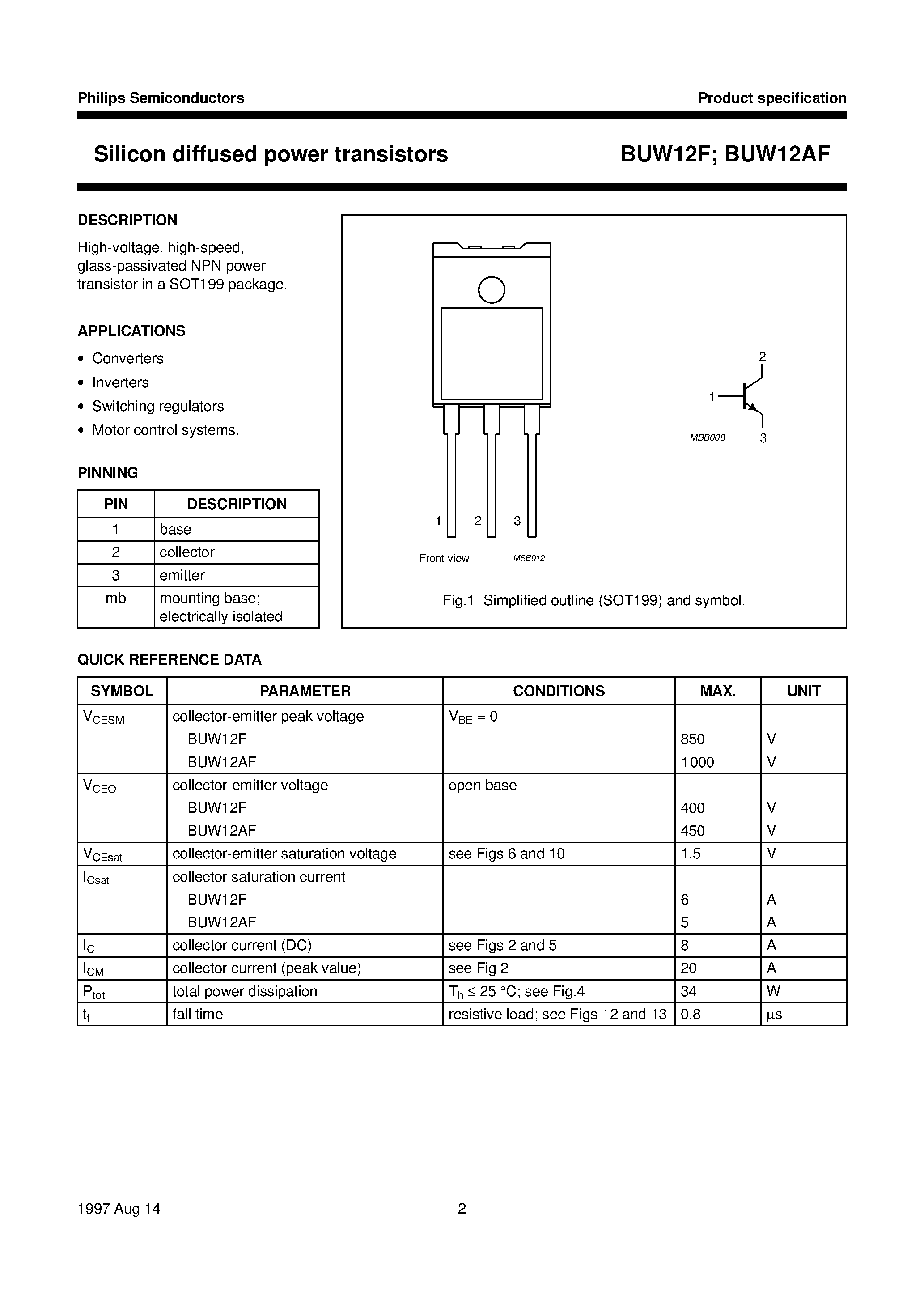 Даташит BUW12F - Silicon diffused power transistors страница 2