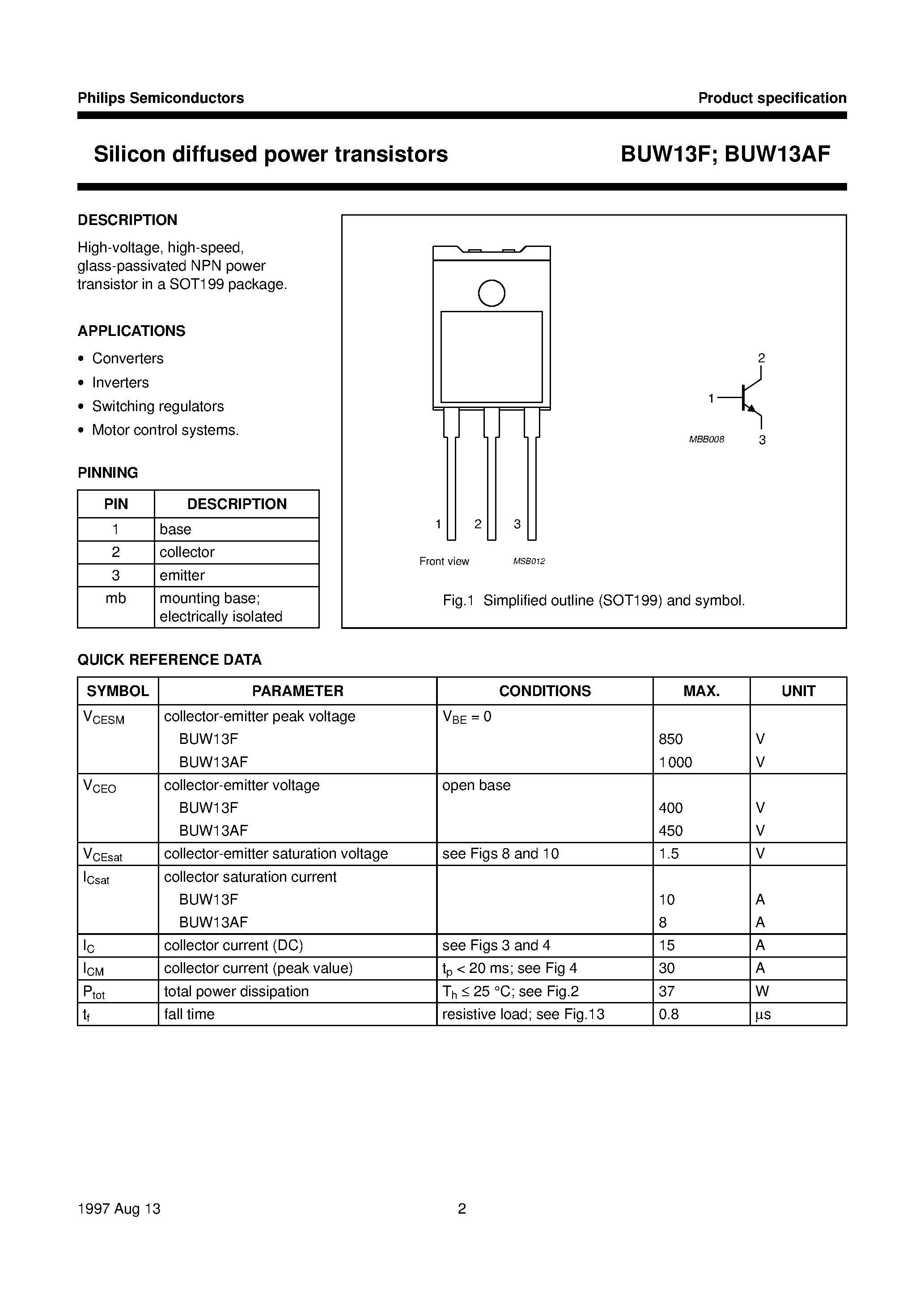 Даташит BUW13AF - Silicon diffused power transistors страница 2