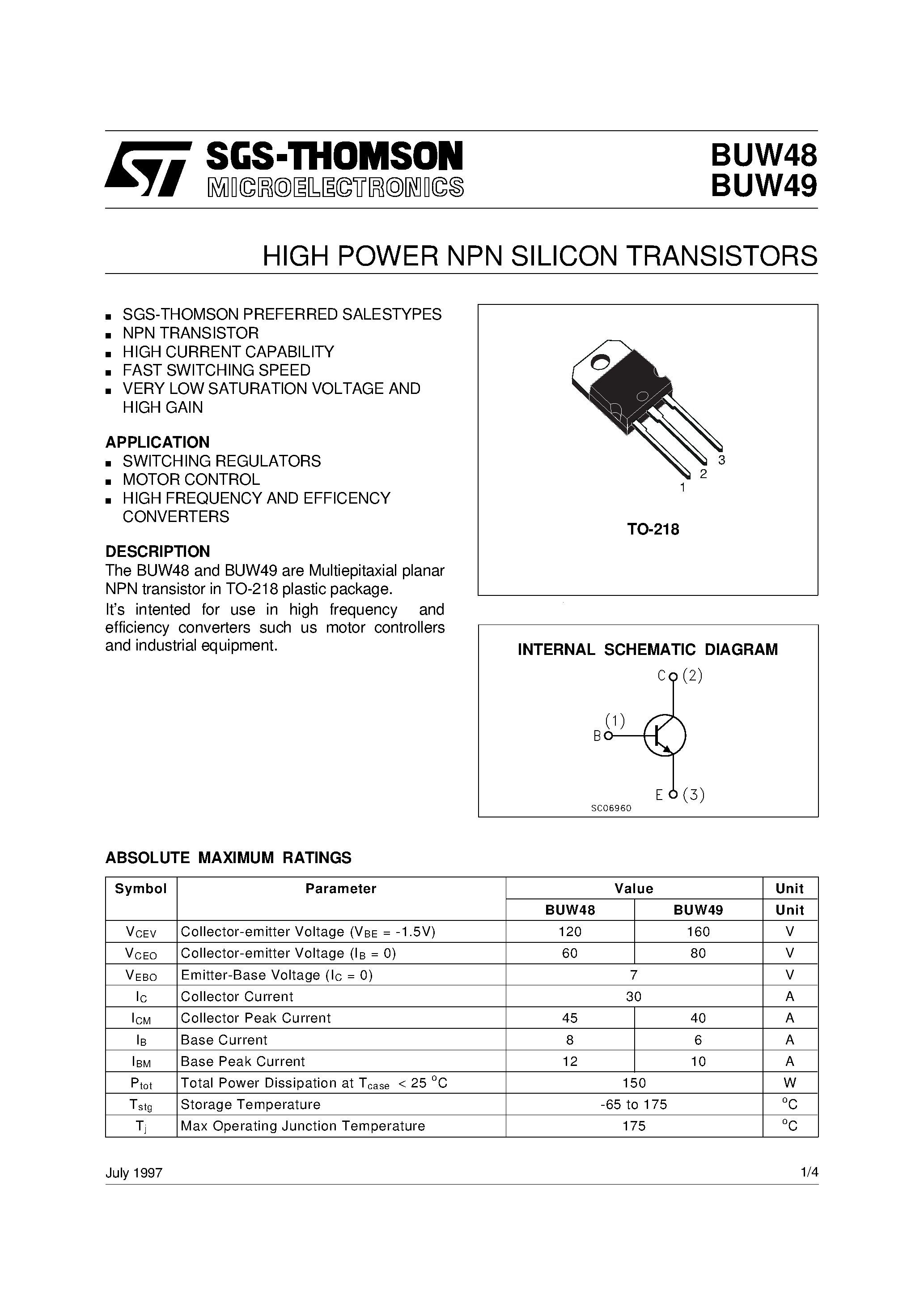 Даташит BUW48 - HIGH POWER NPN SILICON TRANSISTORS страница 1