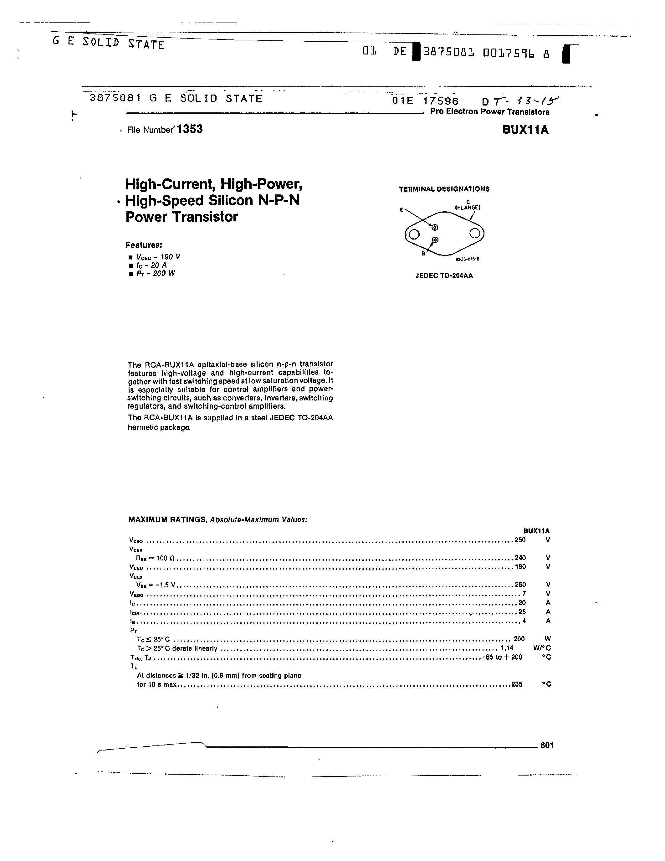 Datasheet BUX11A - HIGH CURRENT HIGH POWER HIGH SPEED SILICON N-P-N POWER TRANSISTOR page 1