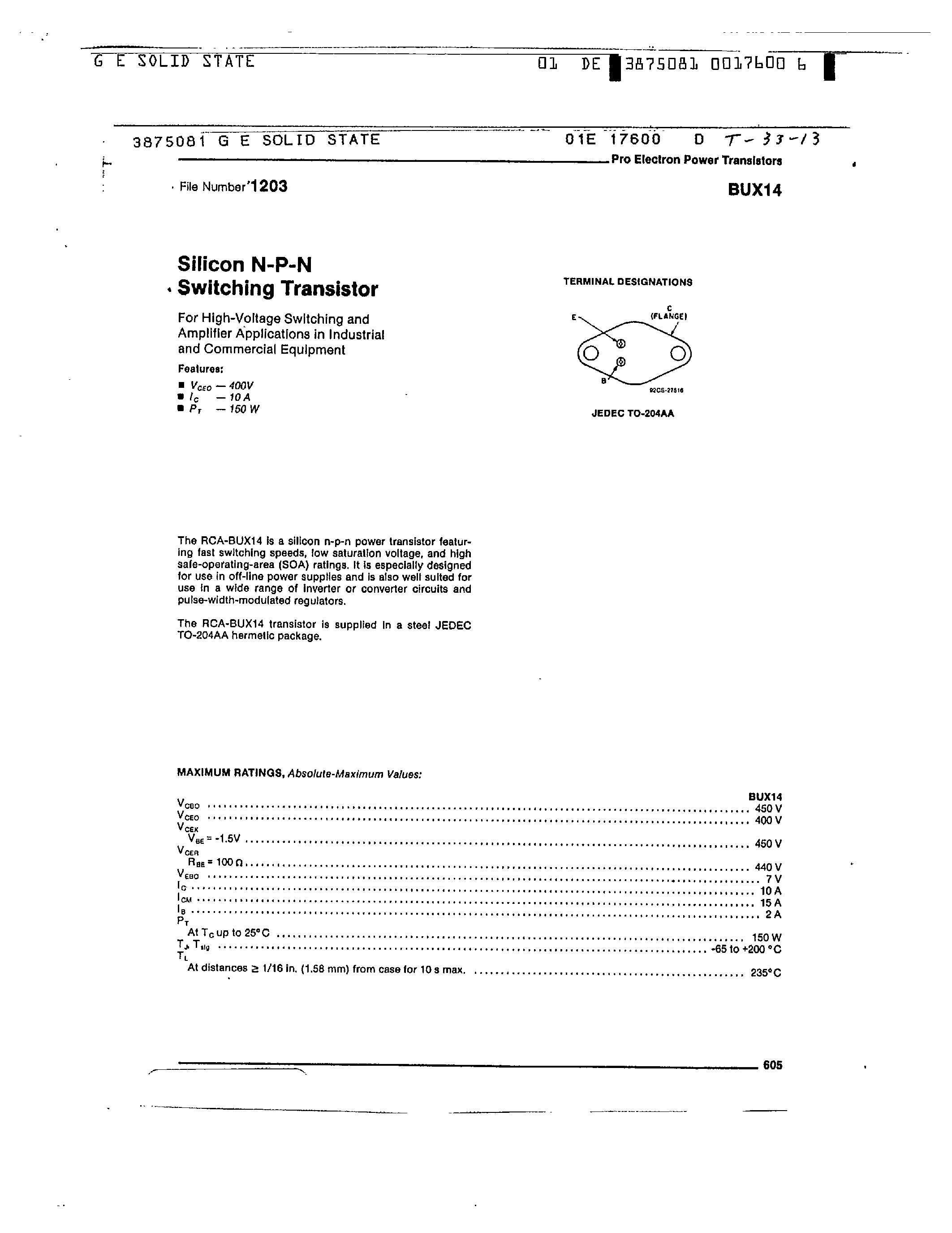 Даташит на микросхему BUX14 страница 1 Даташит BUX14 - SILICON NPN SWITCHING TRANSISTOR страница 1