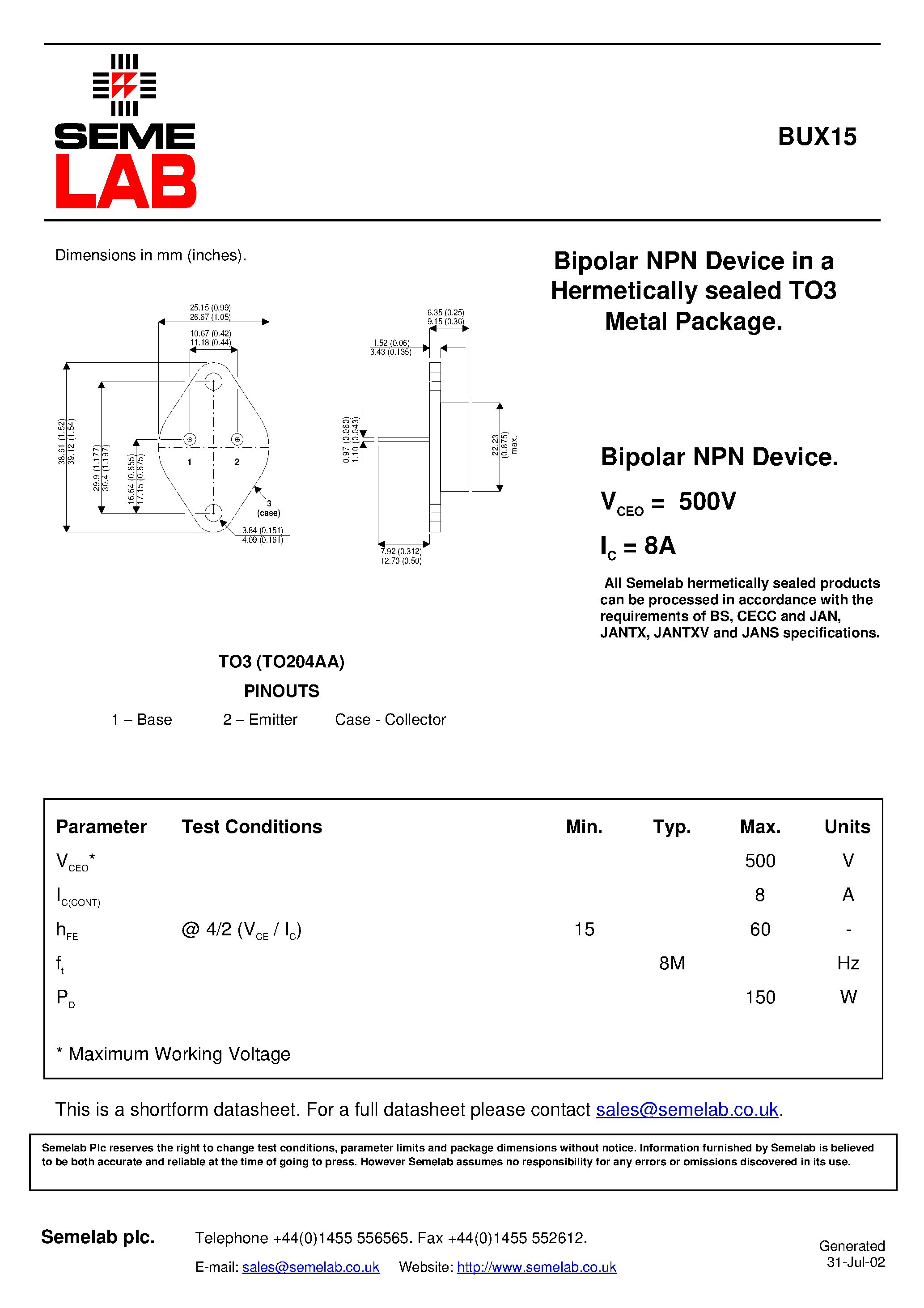 Datasheet BUX15 - Bipolar NPN Device in a Hermetically sealed TO3 Metal Package page 1