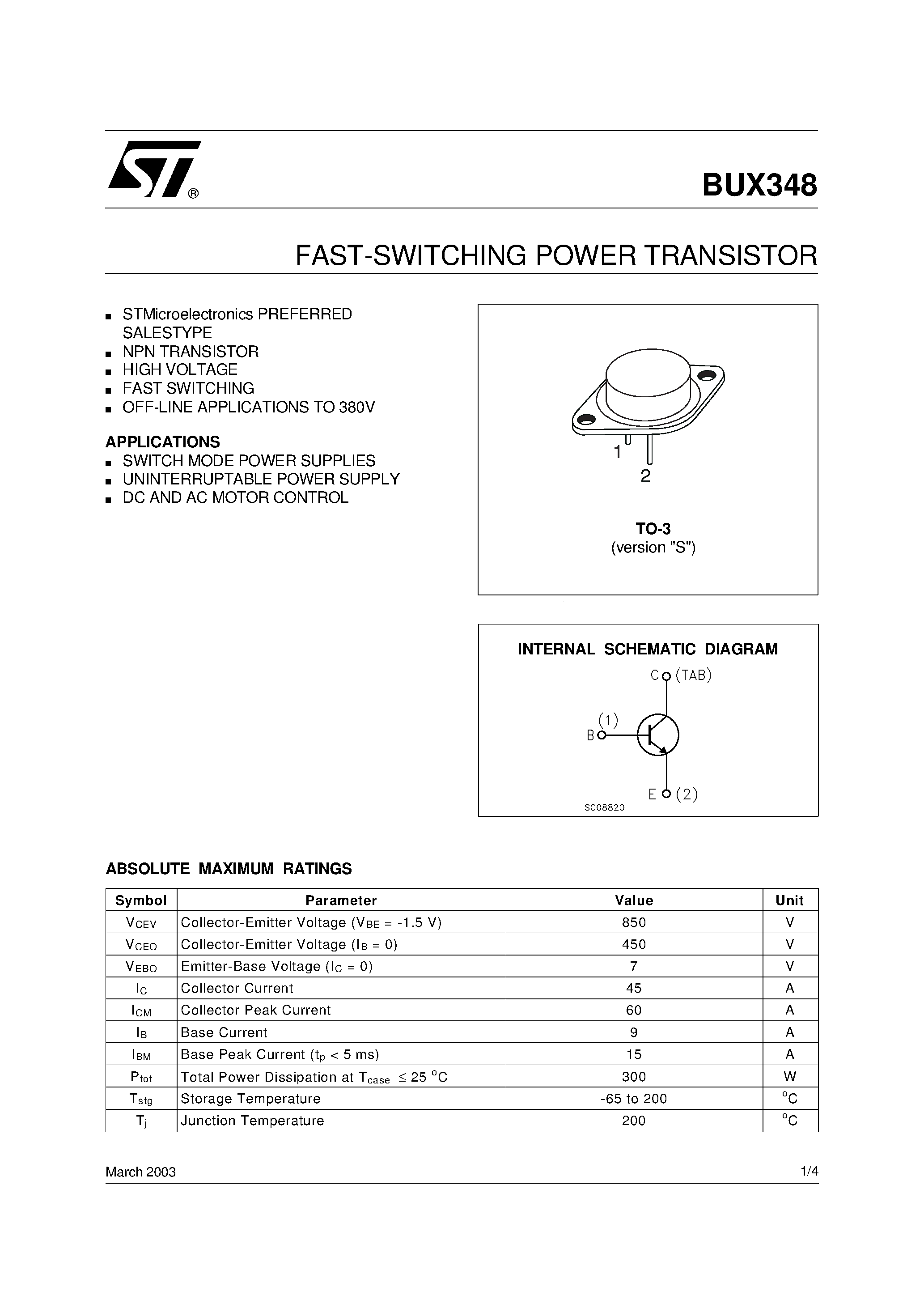 Даташит на микросхему BUX348 страница 1 Даташит BUX348 - FAST-SWITCHING POWER TRANSISTOR страница 1