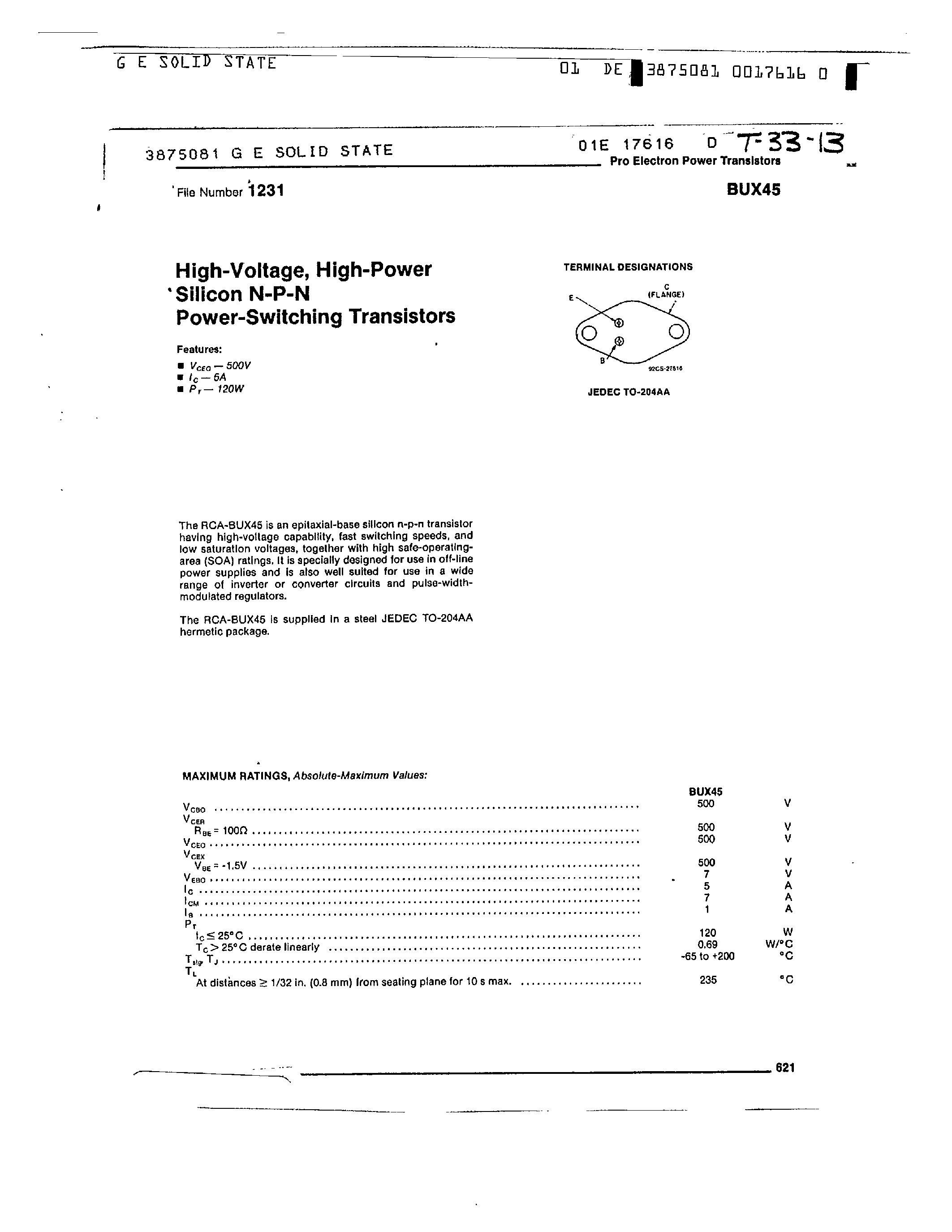 Даташит BUX45 - HIGH VOLTAGE HIGH POWER SILICON NPN POWER SWITCHING TRANSISTORS страница 1