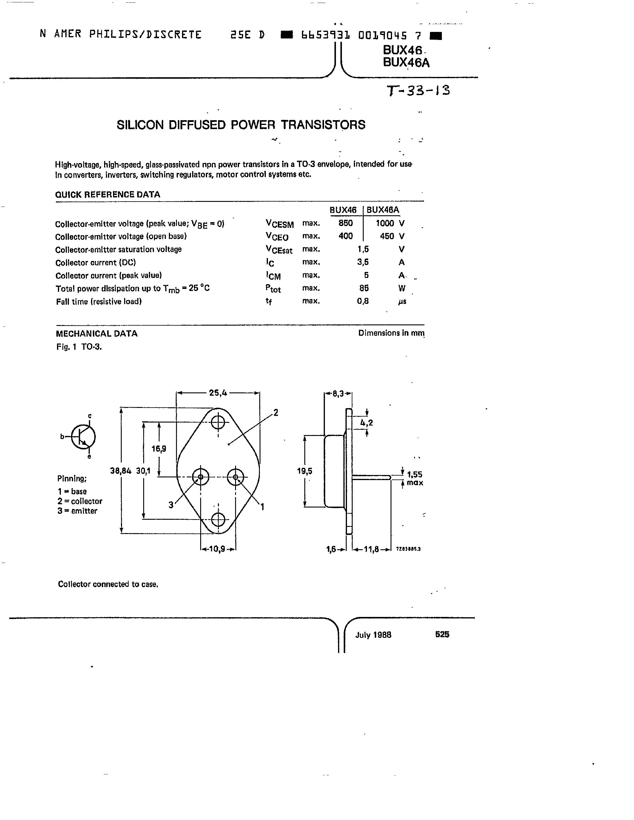 Даташит BUX46 - SILICON DIFFUSED POWER TRANSISTORS страница 1