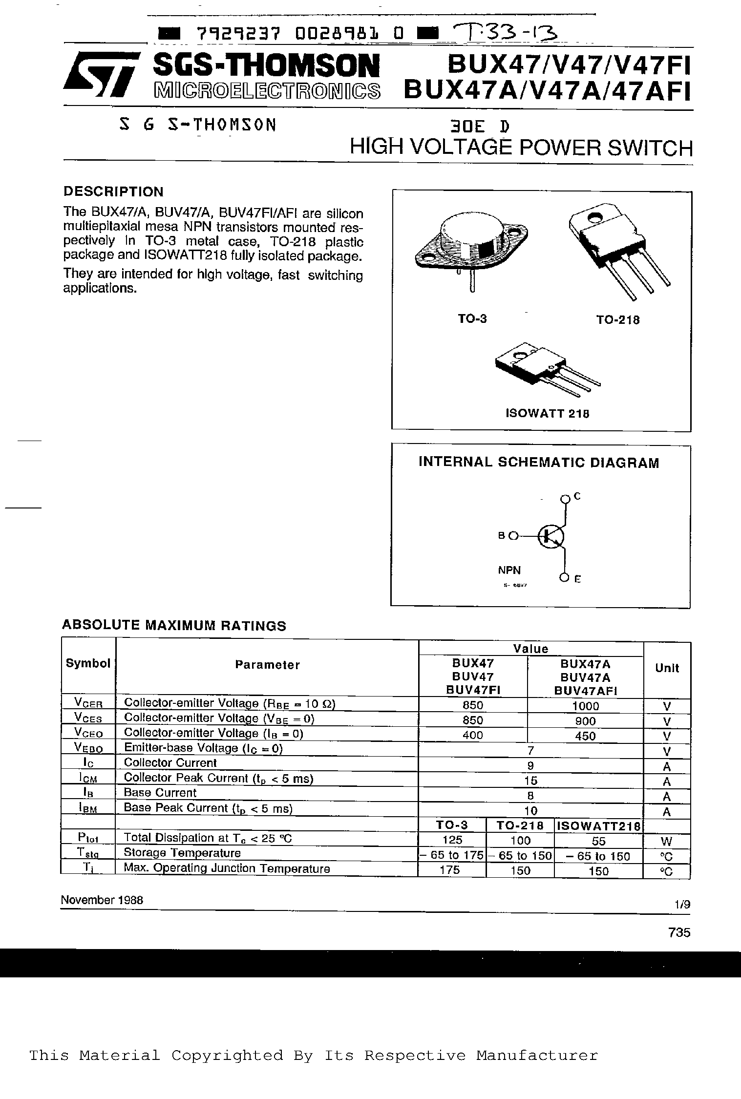 Даташит на микросхему BUX47 страница 1 Даташит BUX47 - HIGH VOLTAGE POWER SWITCH страница 1