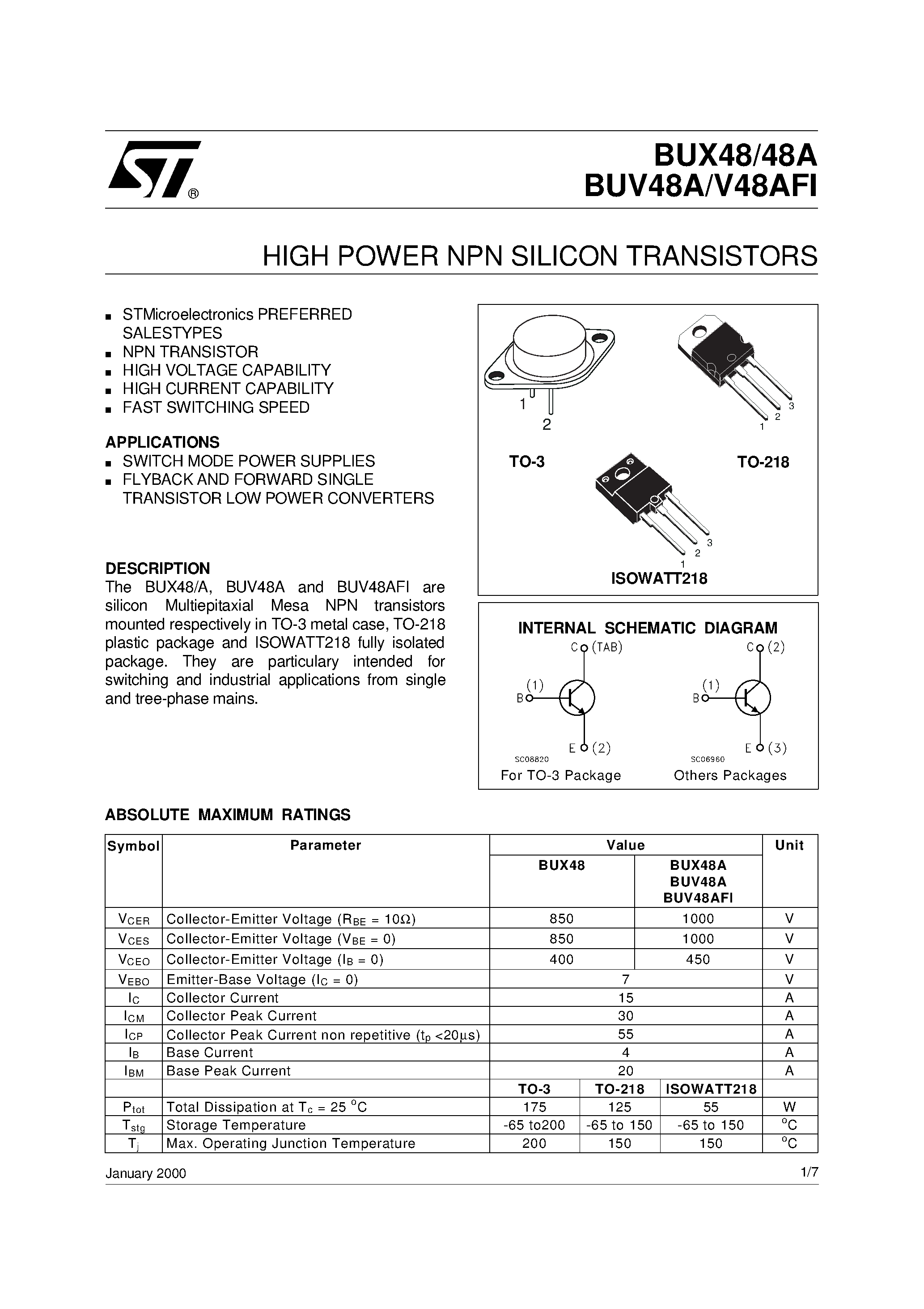 Даташит BUX48 - HIGH POWER NPN SILICON TRANSISTORS страница 1