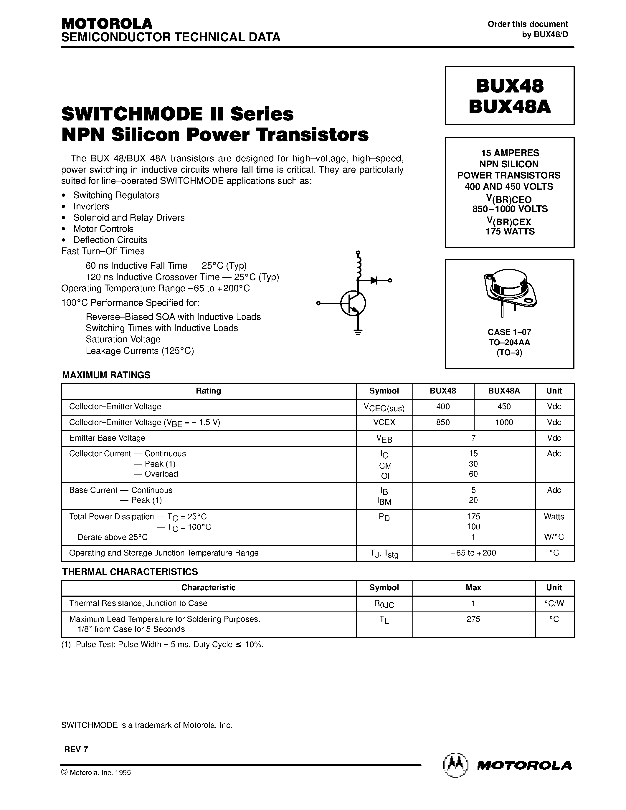 Даташит BUX48A - SITCHMODE II Series NPN Silicon Power Transistors страница 1