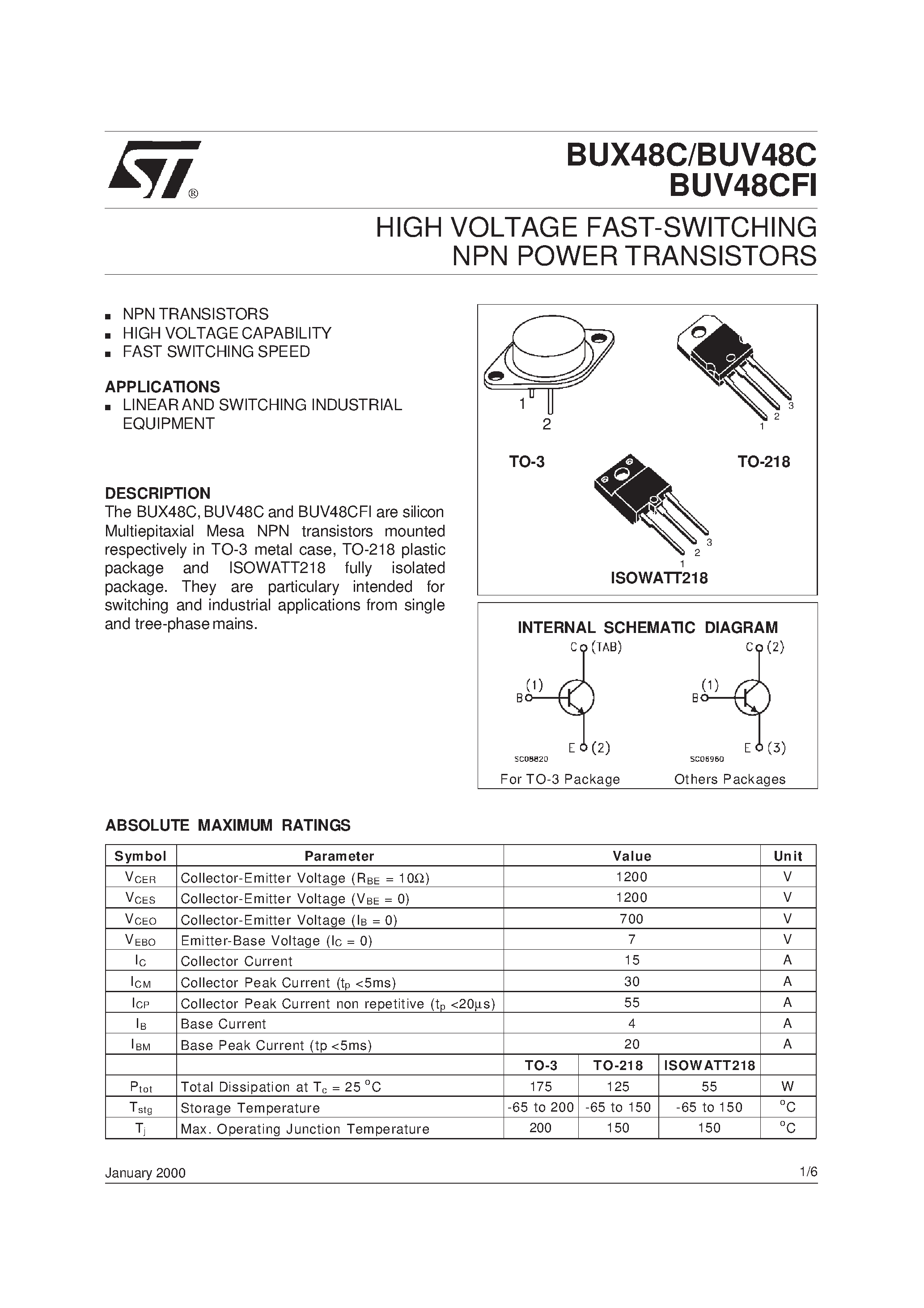 Даташит BUX48C - HIGH VOLTAGE FAST-SWITCHING NPN POWER TRANSISTORS страница 1