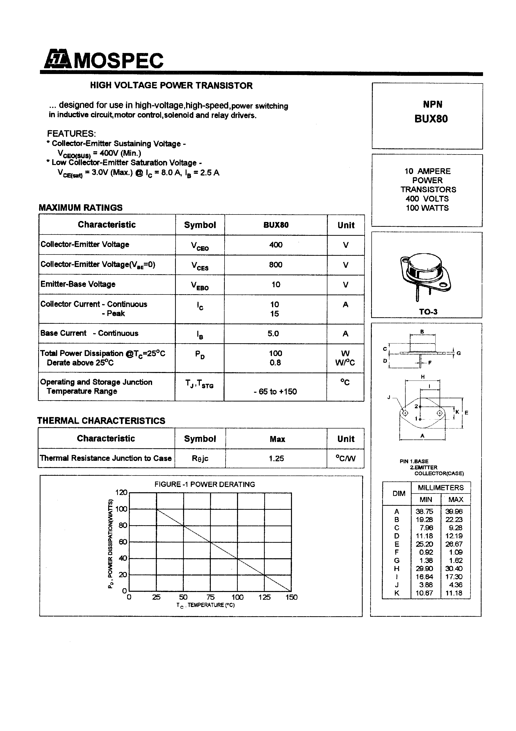 Даташит BUX80 - POWER TRANSISTORS(10A/400V/100W) страница 1