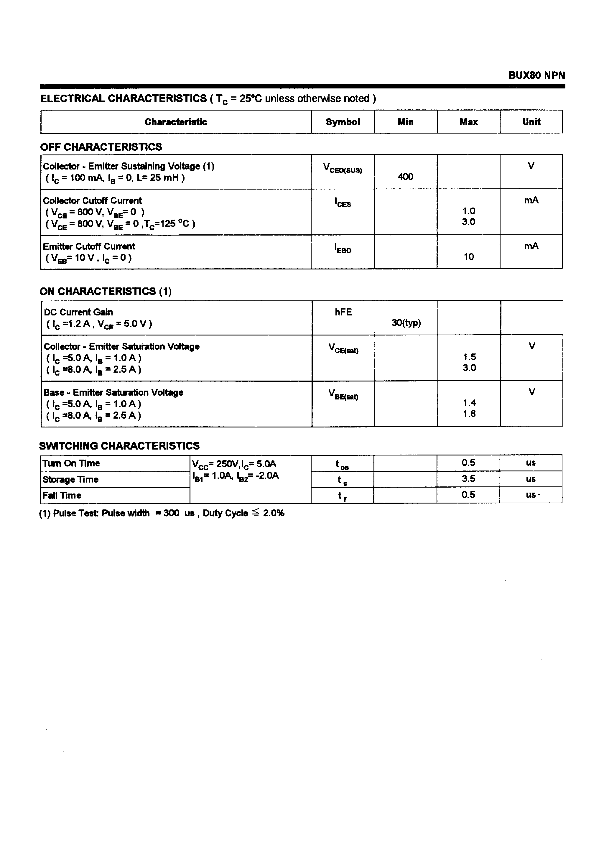 Даташит BUX80 - POWER TRANSISTORS(10A/400V/100W) страница 2