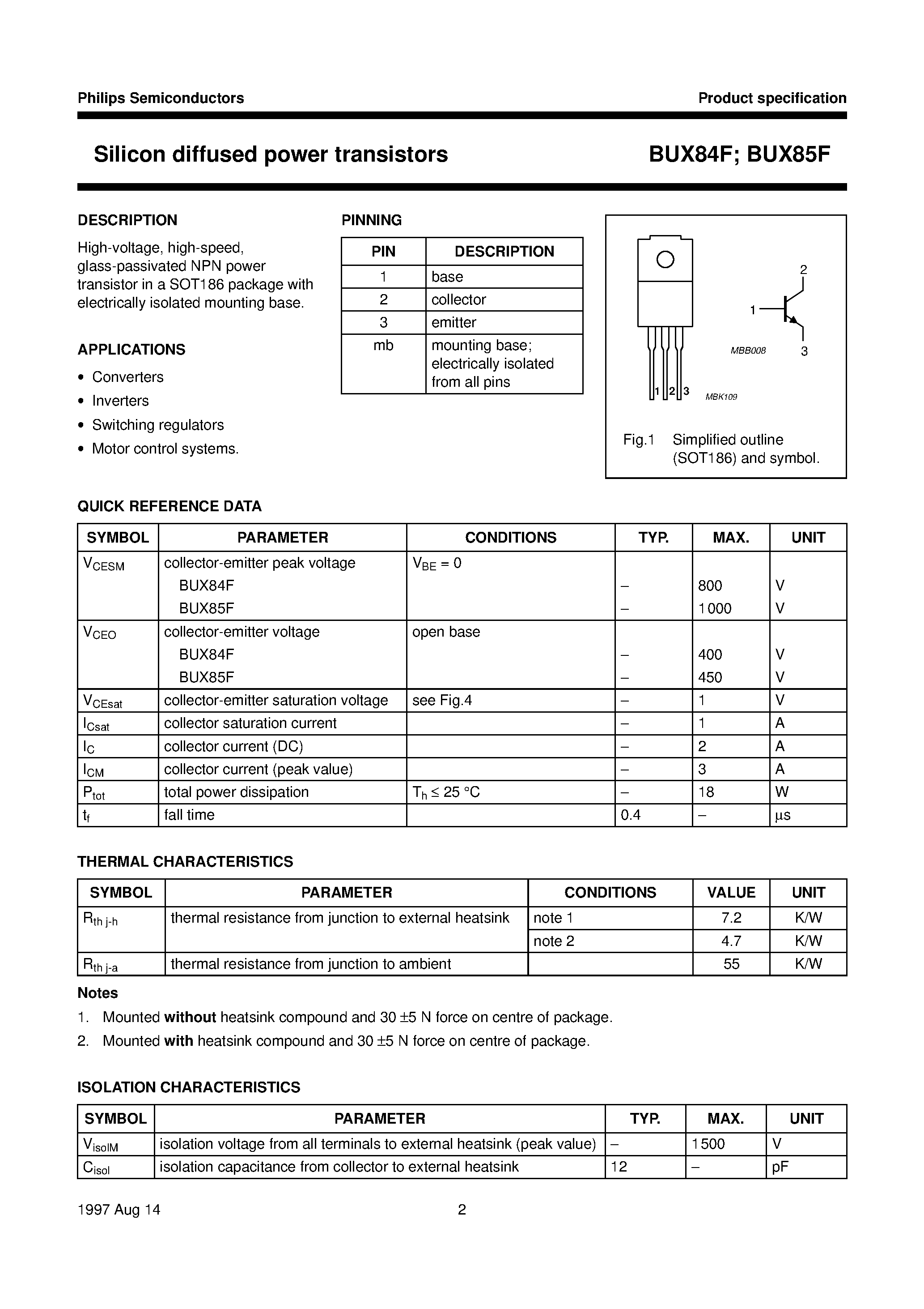 Даташит BUX84F - Silicon diffused power transistors страница 2