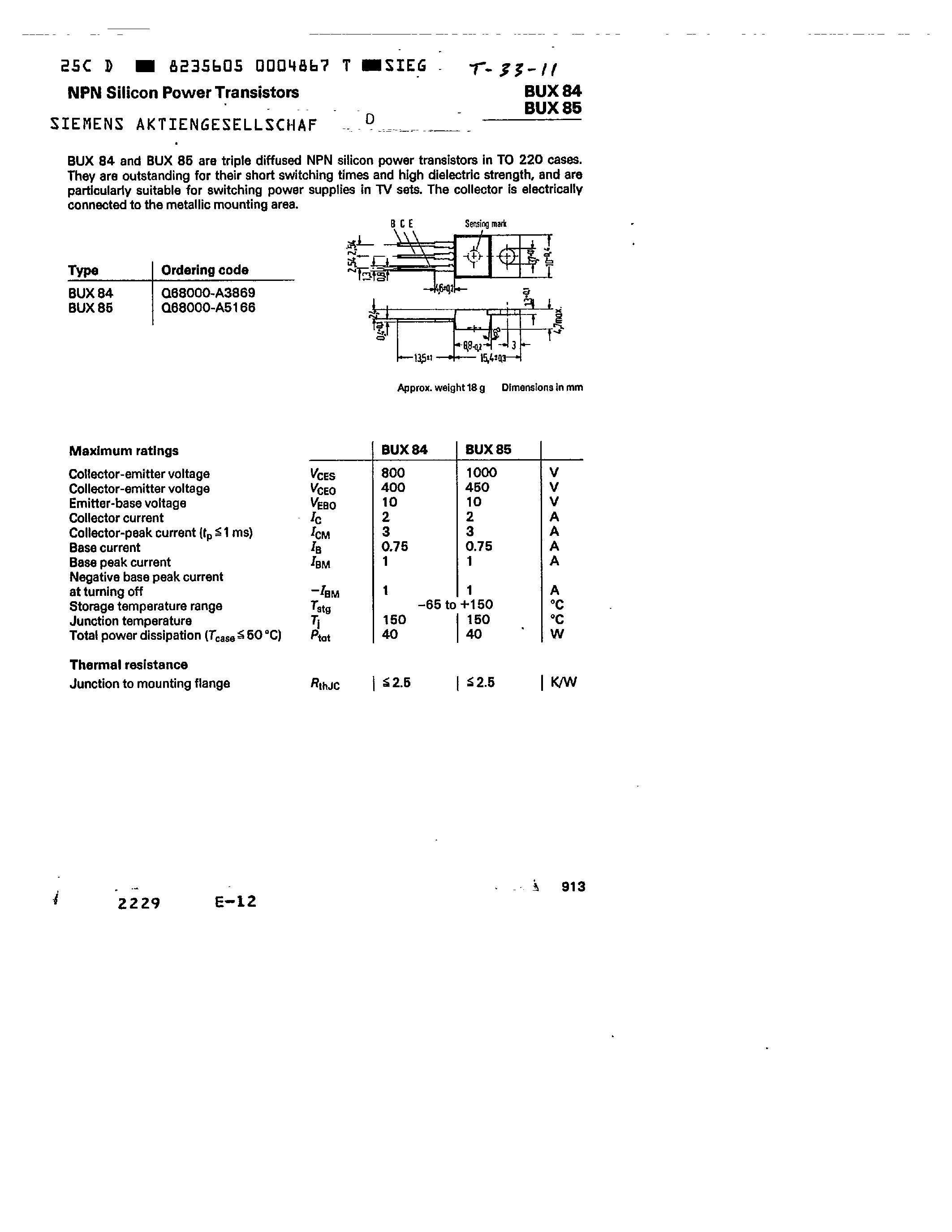 Даташит BUX85 - NPN SILICON POWER TRANSISTORS страница 1