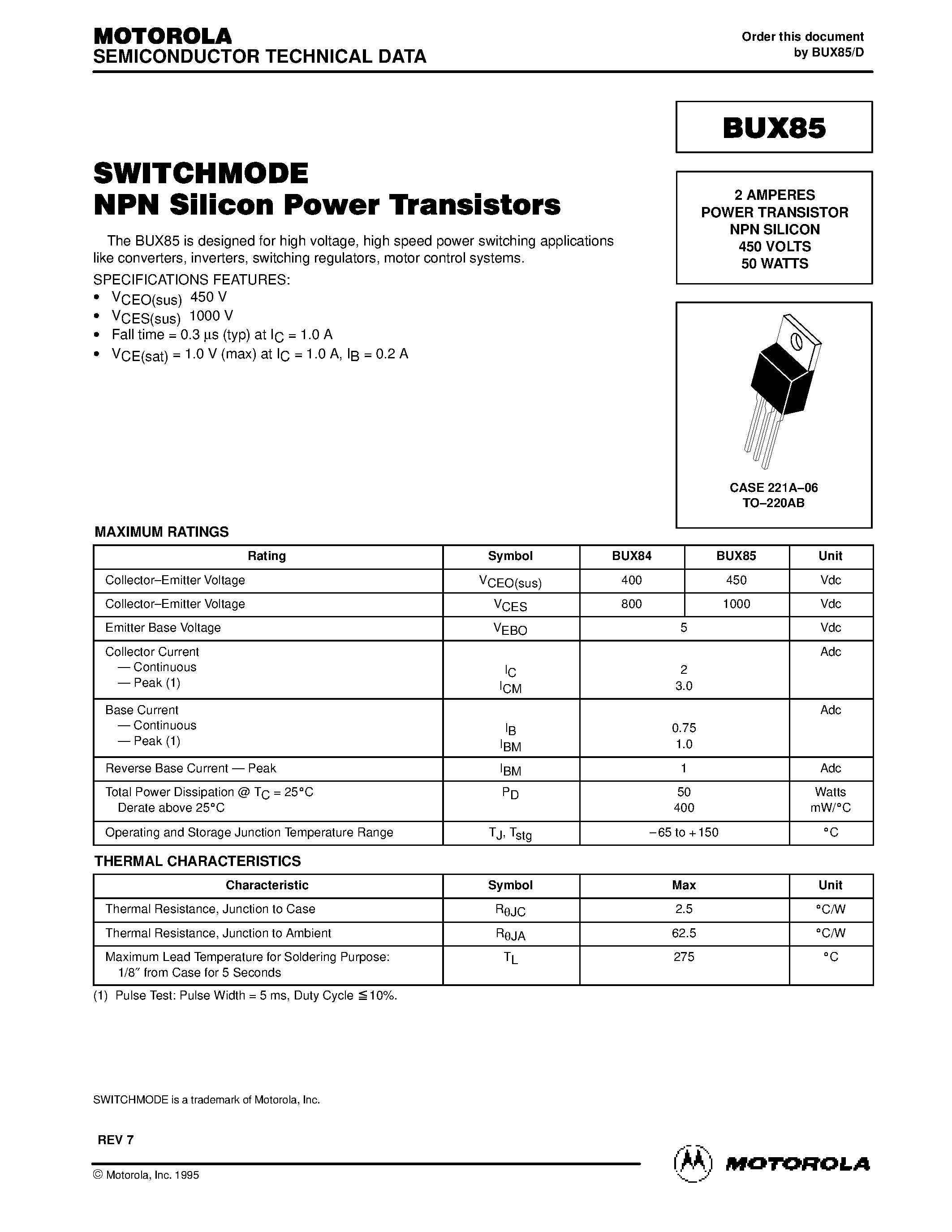 Даташит на микросхему BUX85 страница 1 Даташит BUX85 - 2 AMPERES POWER TRANSISTOR NPN SILICON 450 VOLTS 50 WATTS страница 1