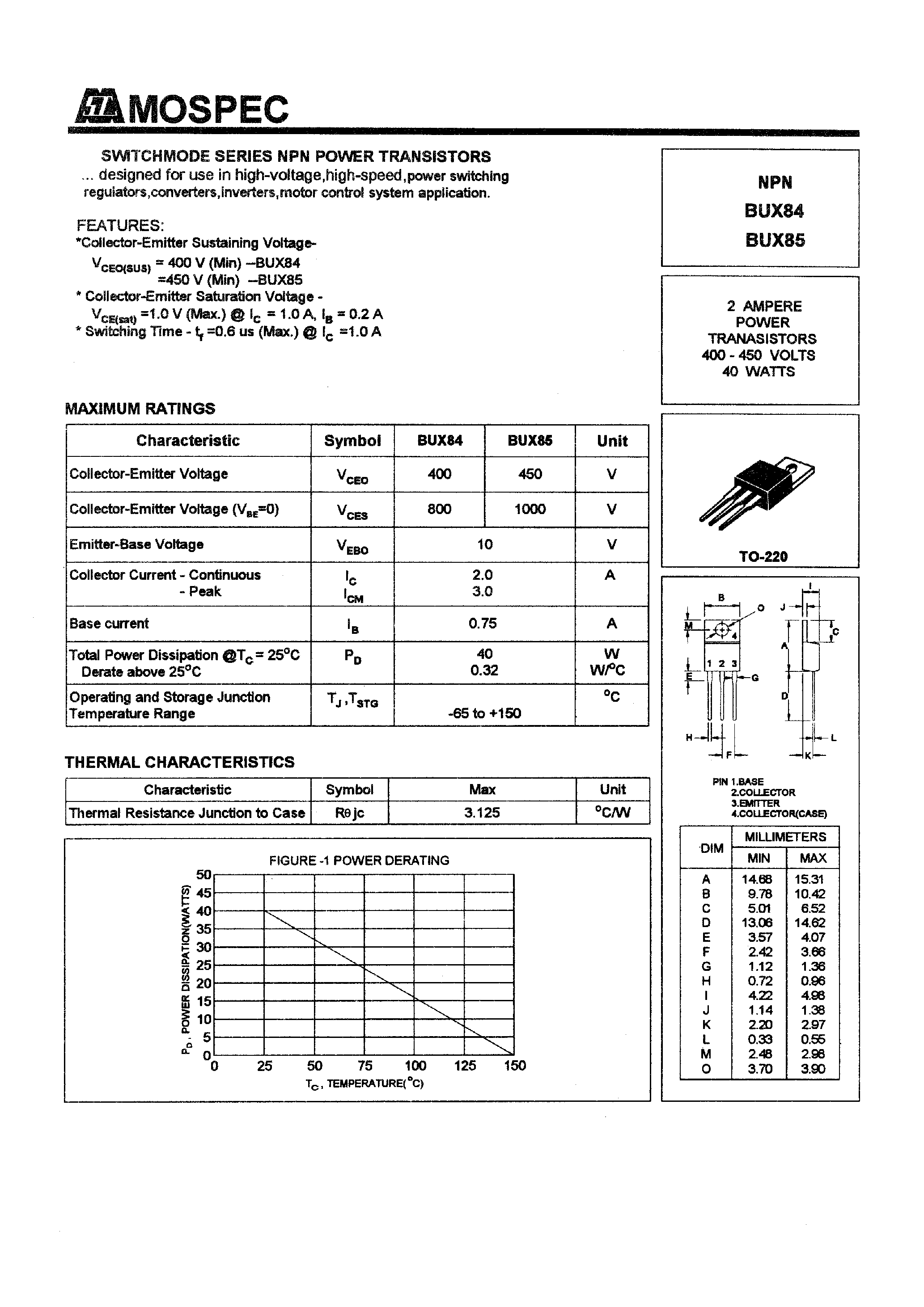 Даташит BUX85 - POWER TRANSISTORS(2A/400-450V/40W) страница 1