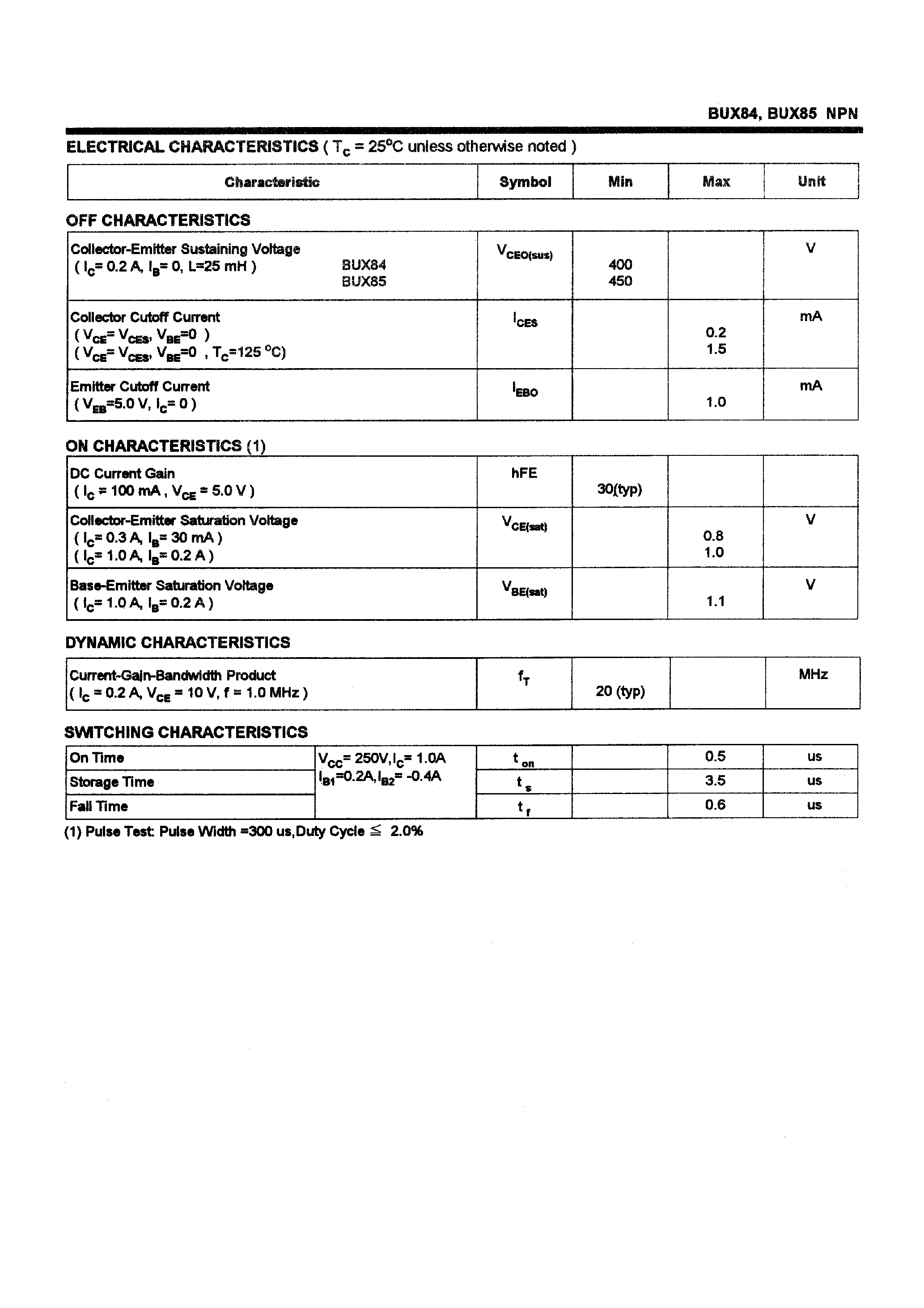 Даташит BUX85 - POWER TRANSISTORS(2A/400-450V/40W) страница 2