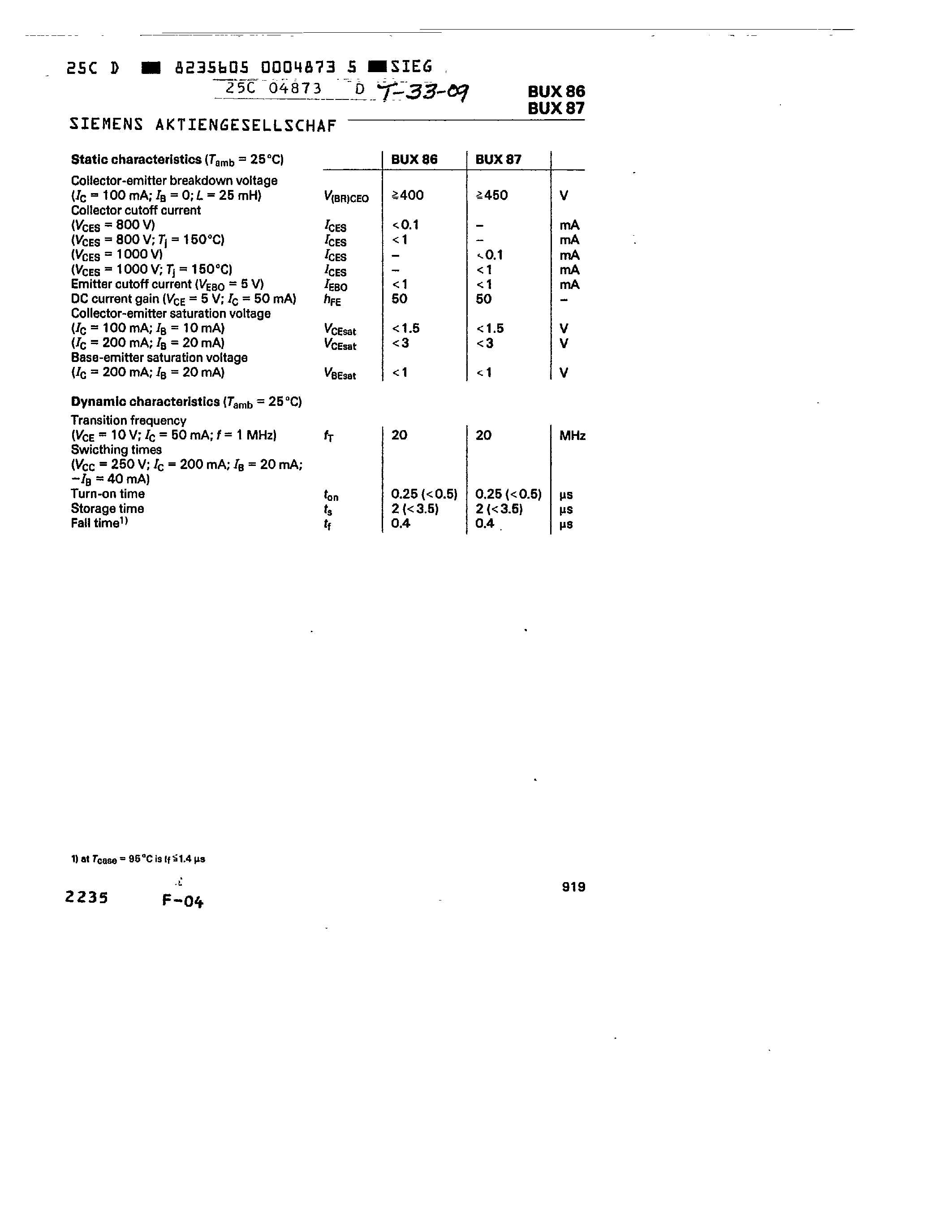 Даташит BUX86 - NPN SILICON HIGH VWLTAGE SWITCHING TRANSISTORS страница 2