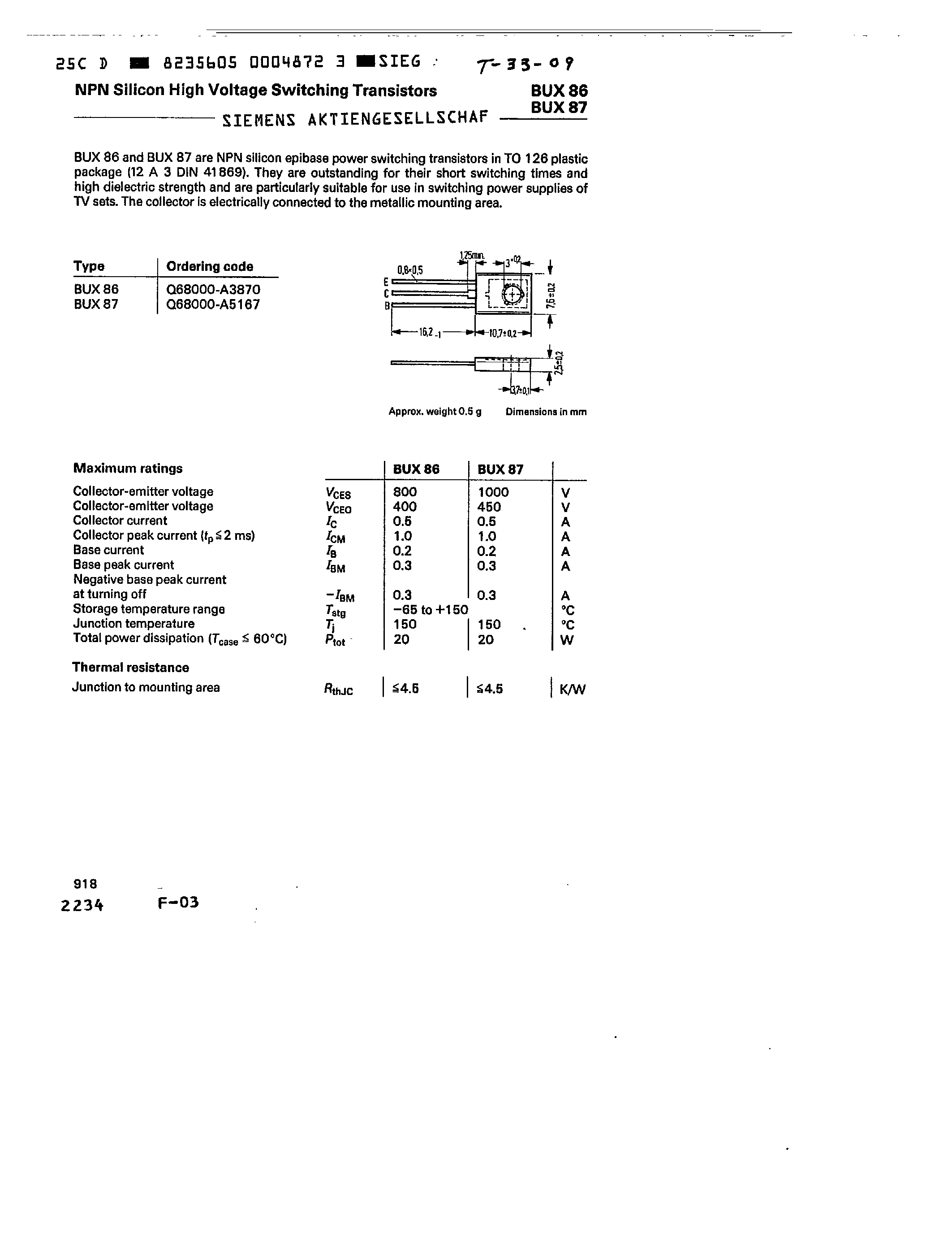 Даташит BUX87 - NPN SILICON HIGH VWLTAGE SWITCHING TRANSISTORS страница 1