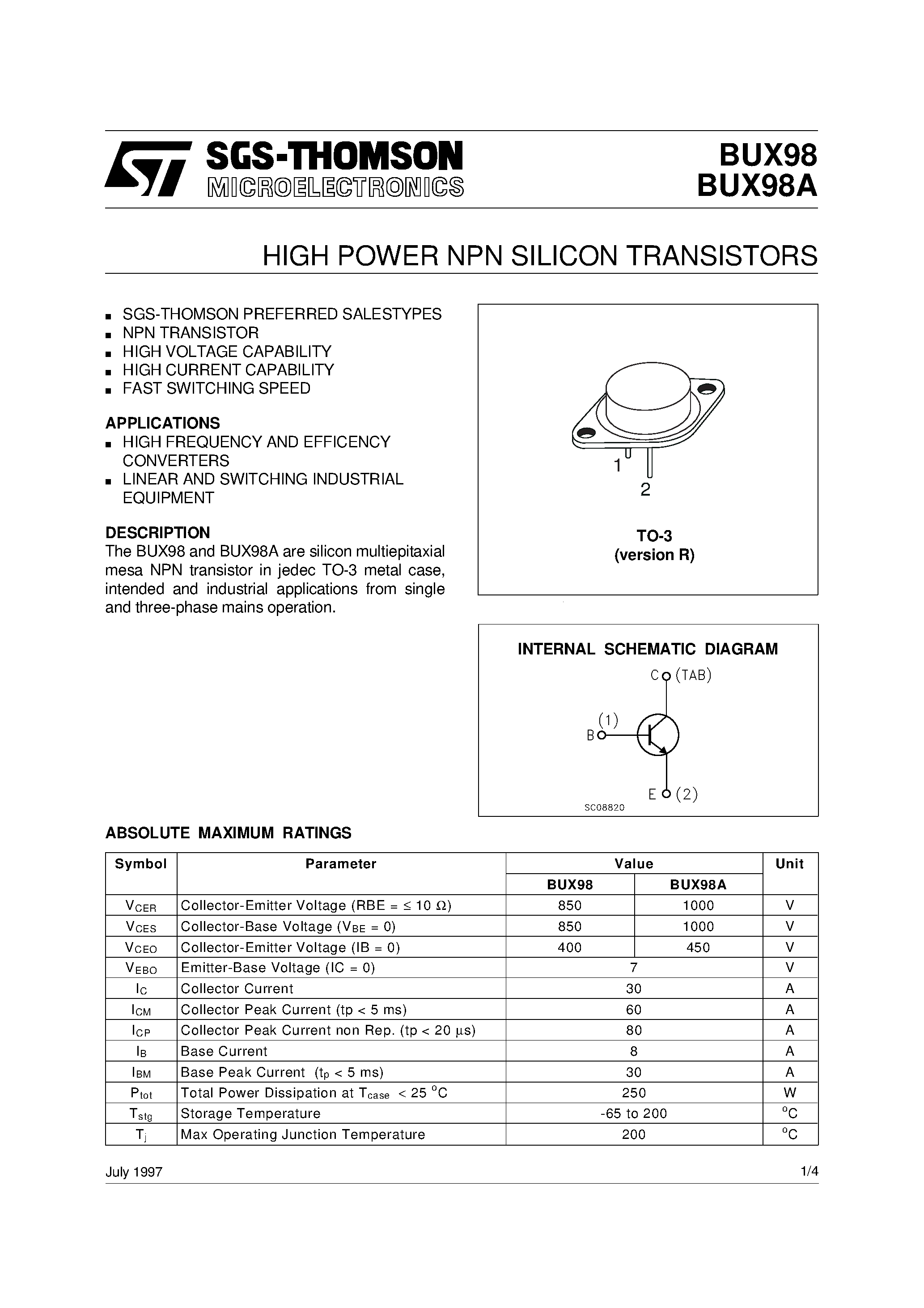 Даташит BUX98 - HIGH POWER NPN SILICON TRANSISTORS страница 1