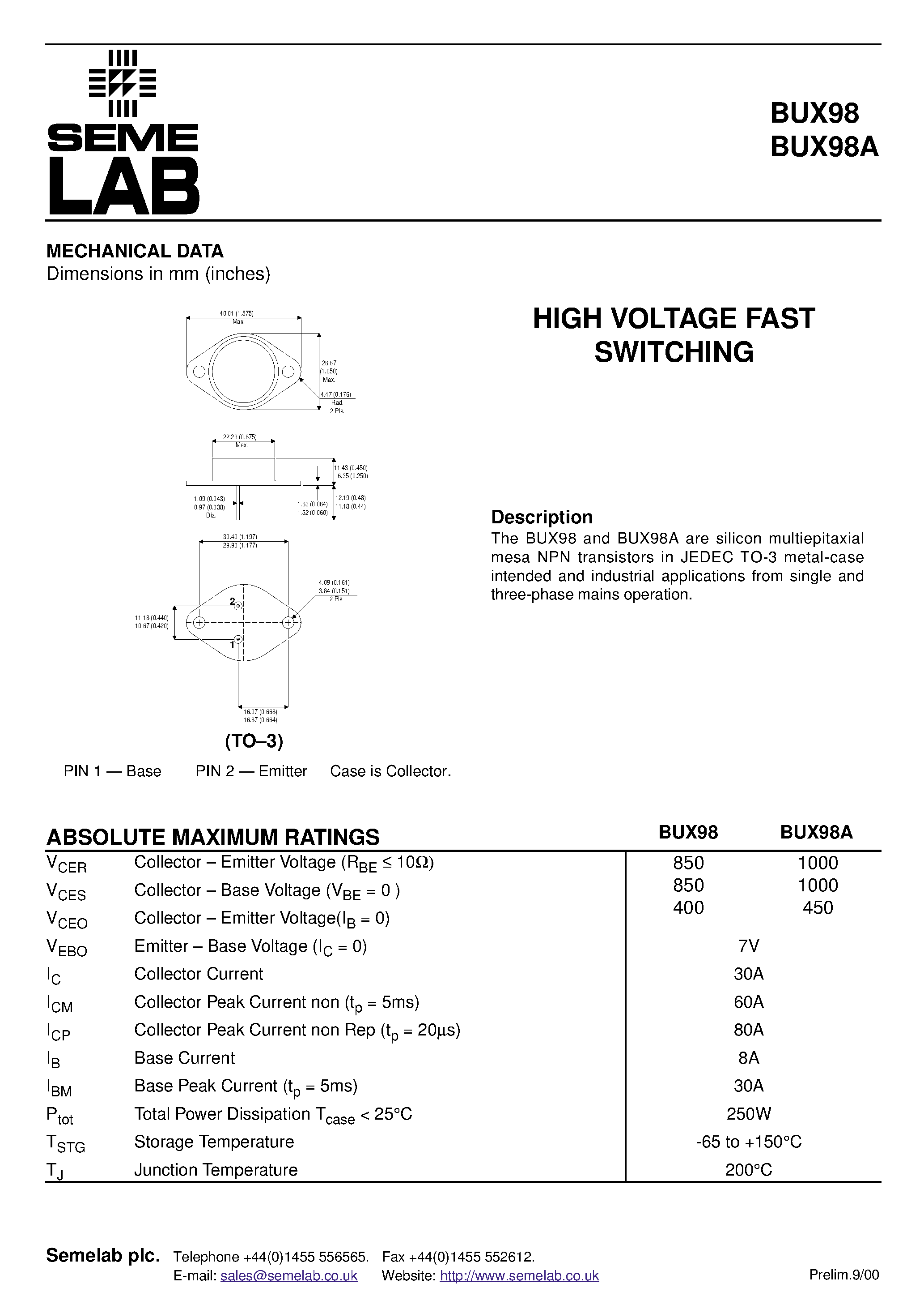 Даташит на микросхему BUX98 страница 1 Даташит BUX98 - HIGH VOLTAGE FAST SWITCHING страница 1