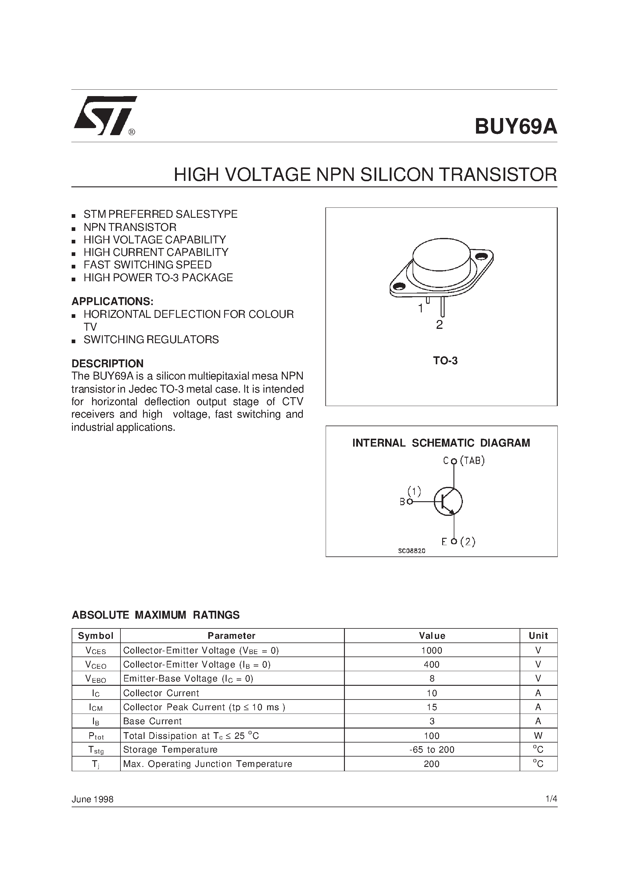 Даташит BUY69B - POWER TRANSISTORS(10A/200-400V/100W) страница 1