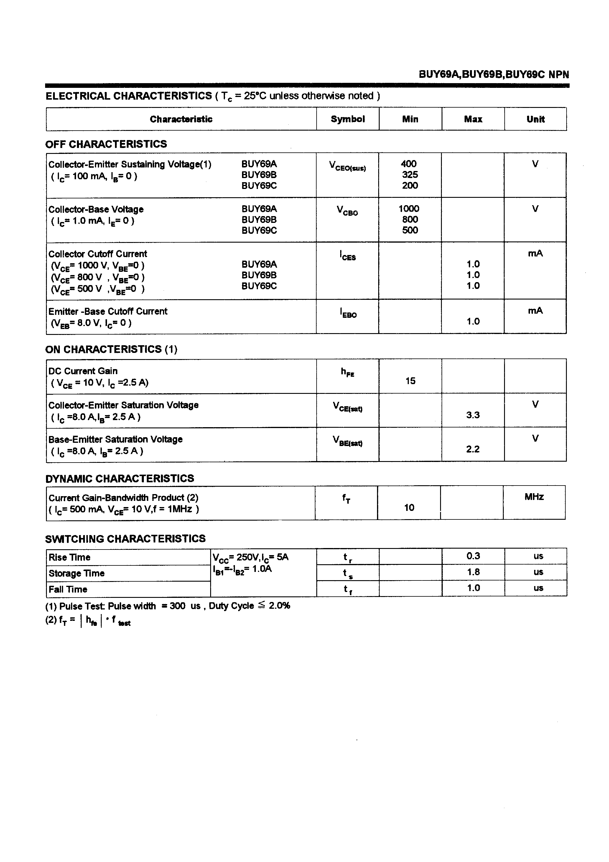 Даташит BUY69C - POWER TRANSISTORS(10A/200-400V/100W) страница 2