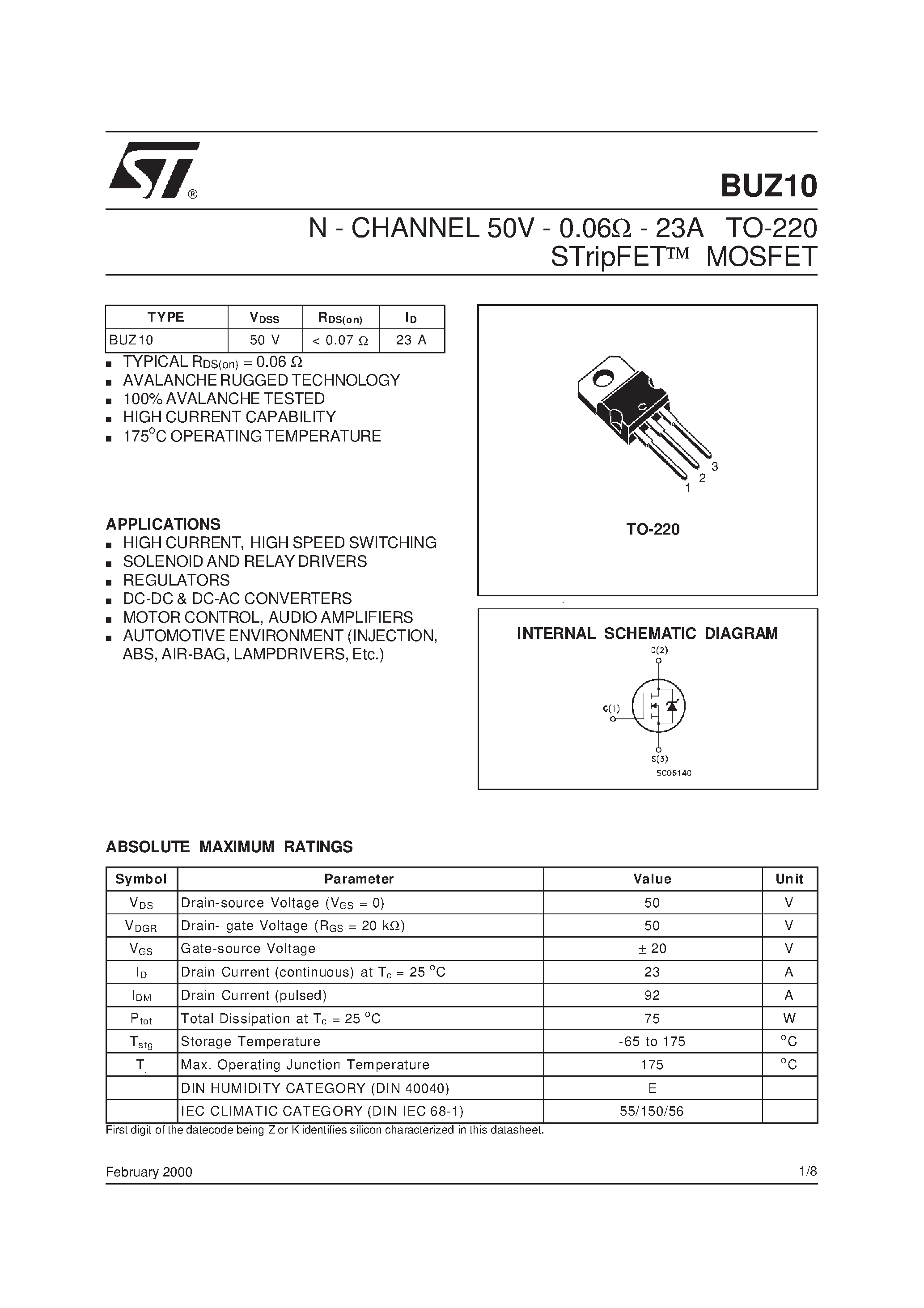 Даташит BUZ10 - N - CHANNEL 50V - 0.06W - 23A TO-220 STripFET] MOSFET страница 1