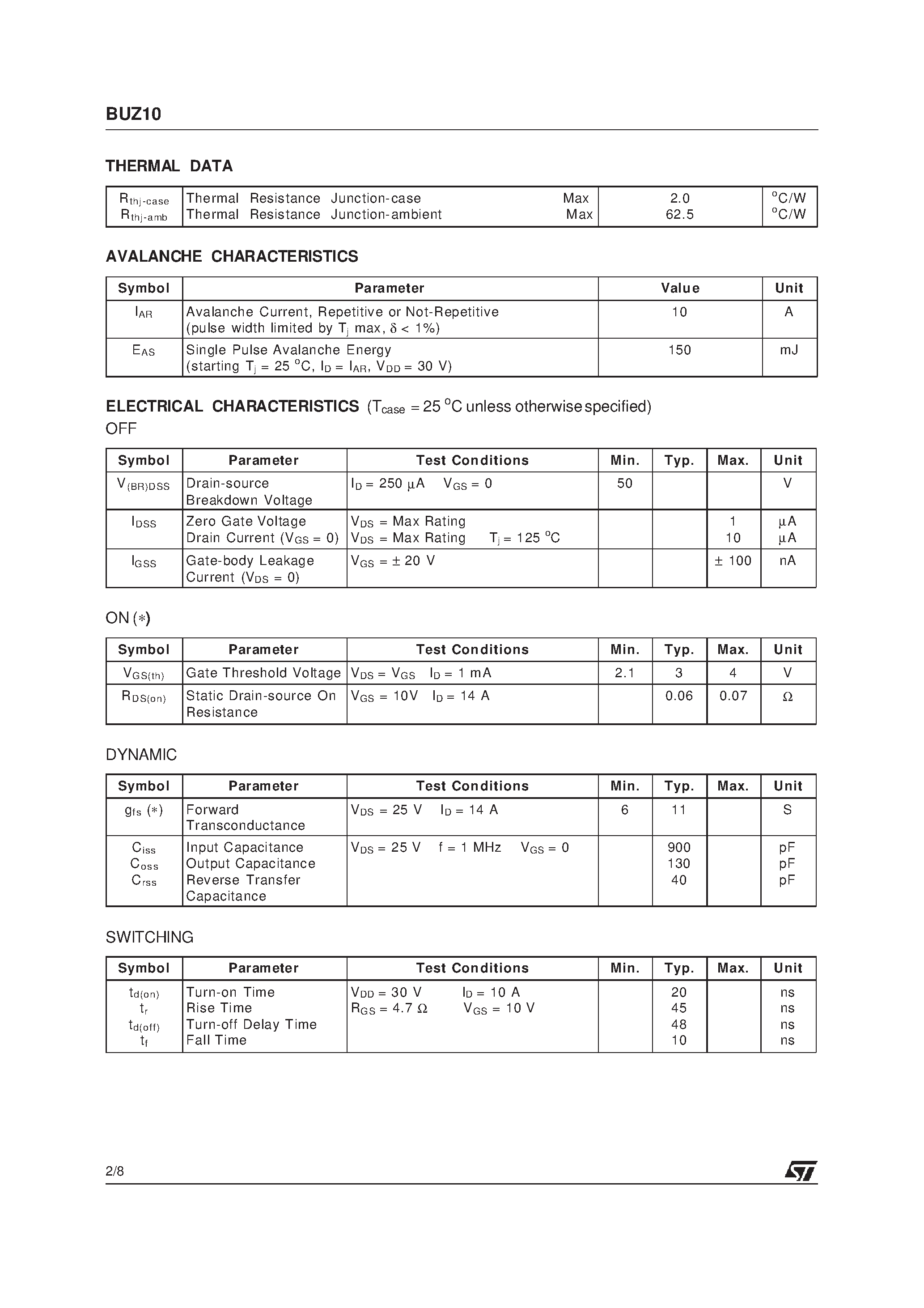 Datasheet BUZ10 - N - CHANNEL 50V - 0.06W - 23A TO-220 STripFET] MOSFET page 2