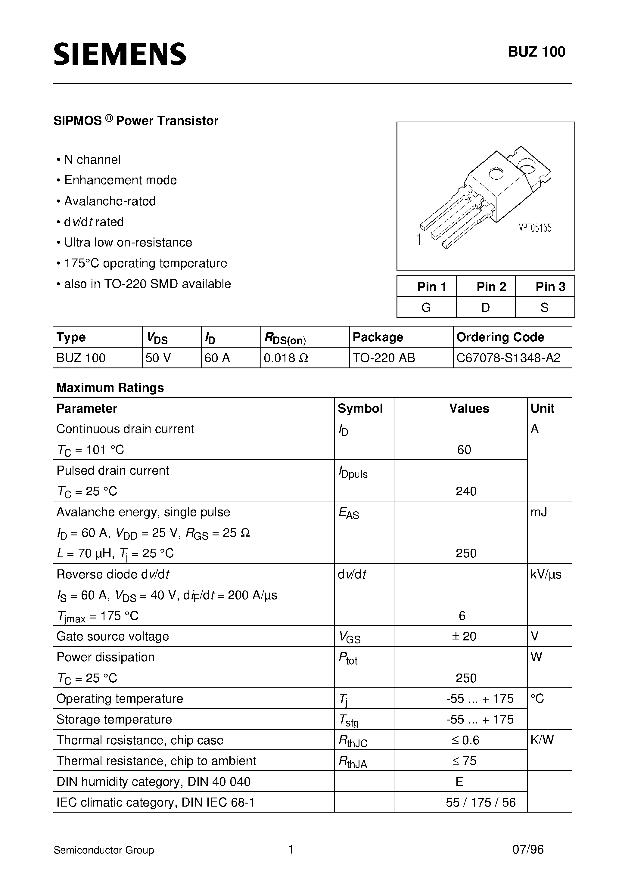 Datasheet BUZ100 page 1 Datasheet BUZ100 - SIPMOS Power Transistor (N channel Enhancement mode Avalanche-rated d v/d t rated) page 1